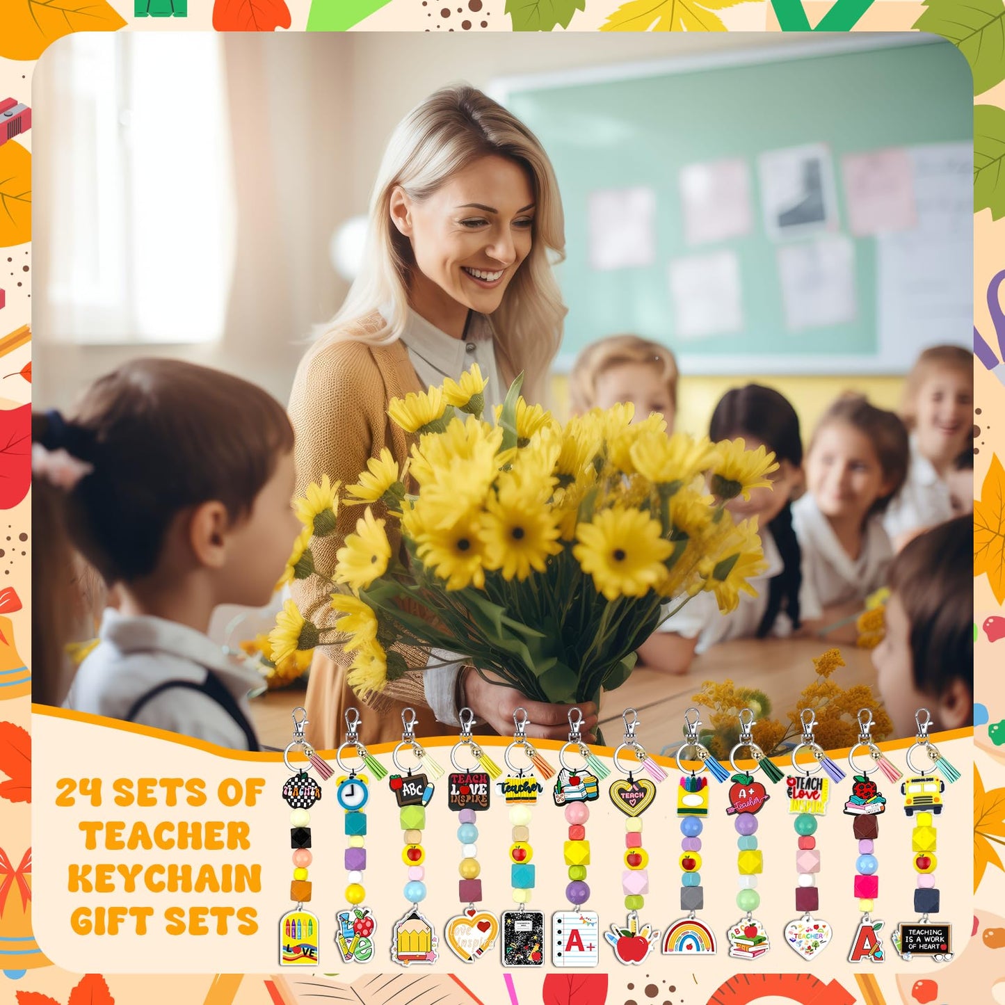 Gaiaring 72 Pcs Large Teachers Appreciation Gifts Set Teacher Appreciation Keychains Apple Beaded Lanyard Keychain with Cards