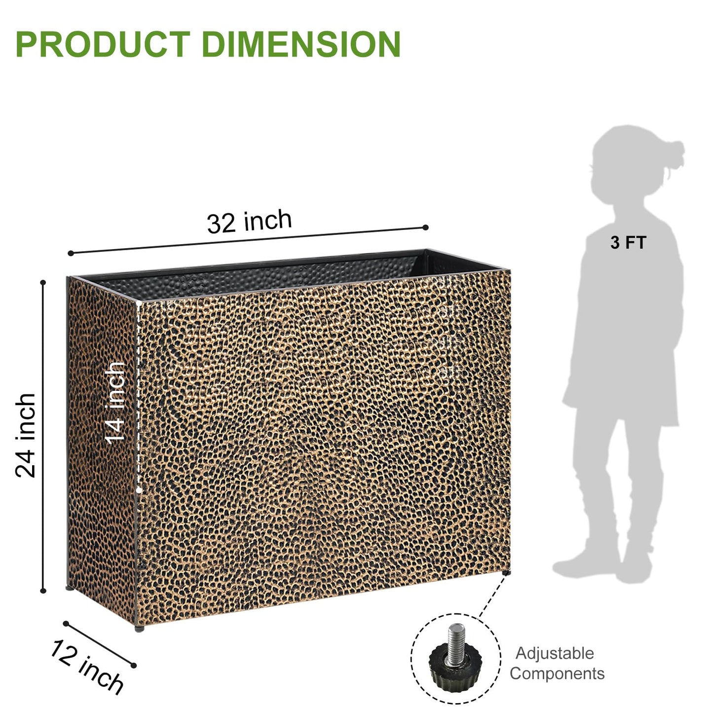 BAYN 32x12x24 Inch Rectangular Metal Planter Box – Copper Hand-Hammered Metal Planter with Pre-Drill Holes, Heavy Duty Outdoor Garden Planter for Patio, Porch, Yard