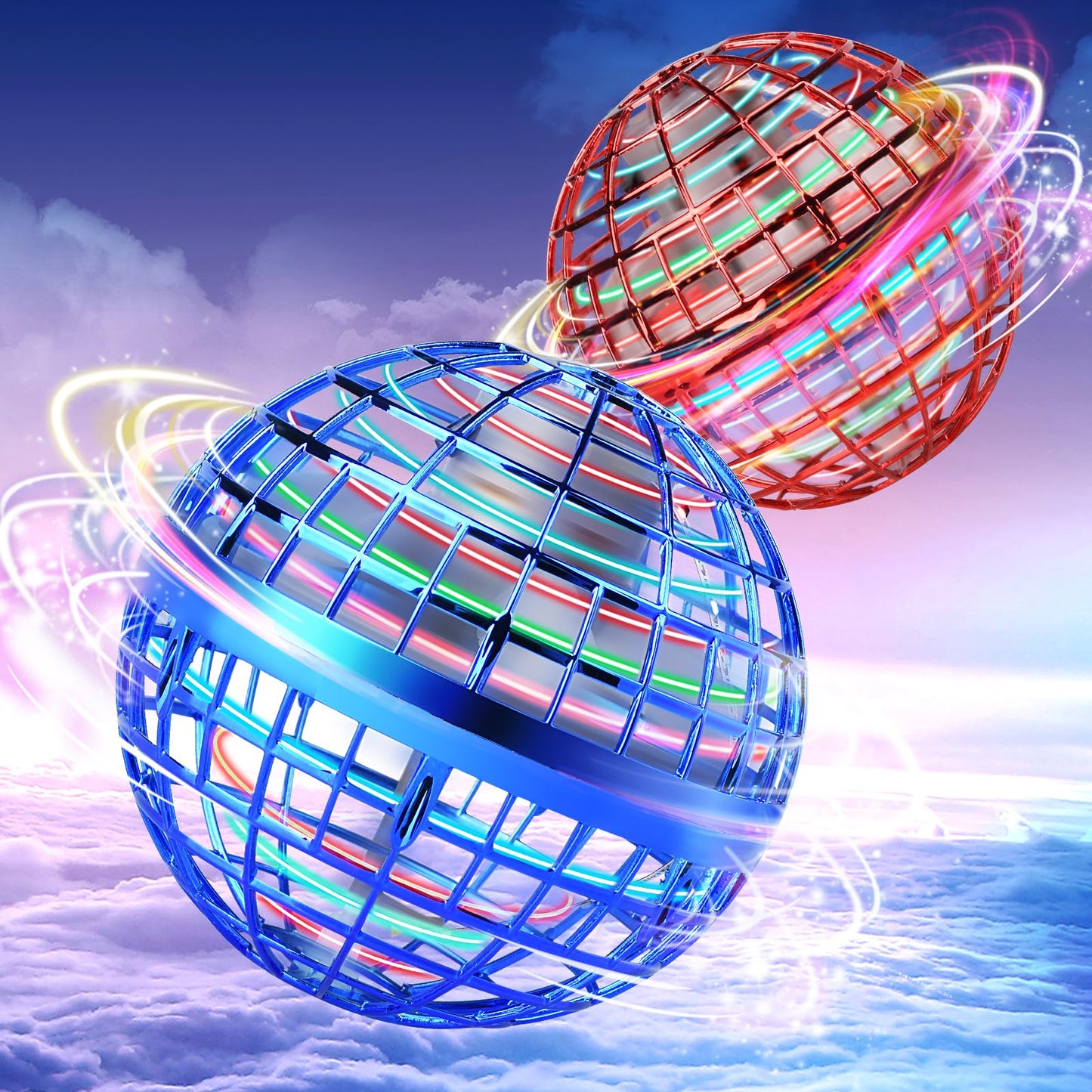 Vrainito Flying Orb Ball 2025 Upgrade, 2 Pack Hand-Controlled Flying Orb Toy, 360° Rotating Cosmic Globe Hover Ball for Kids (Blue + Red)