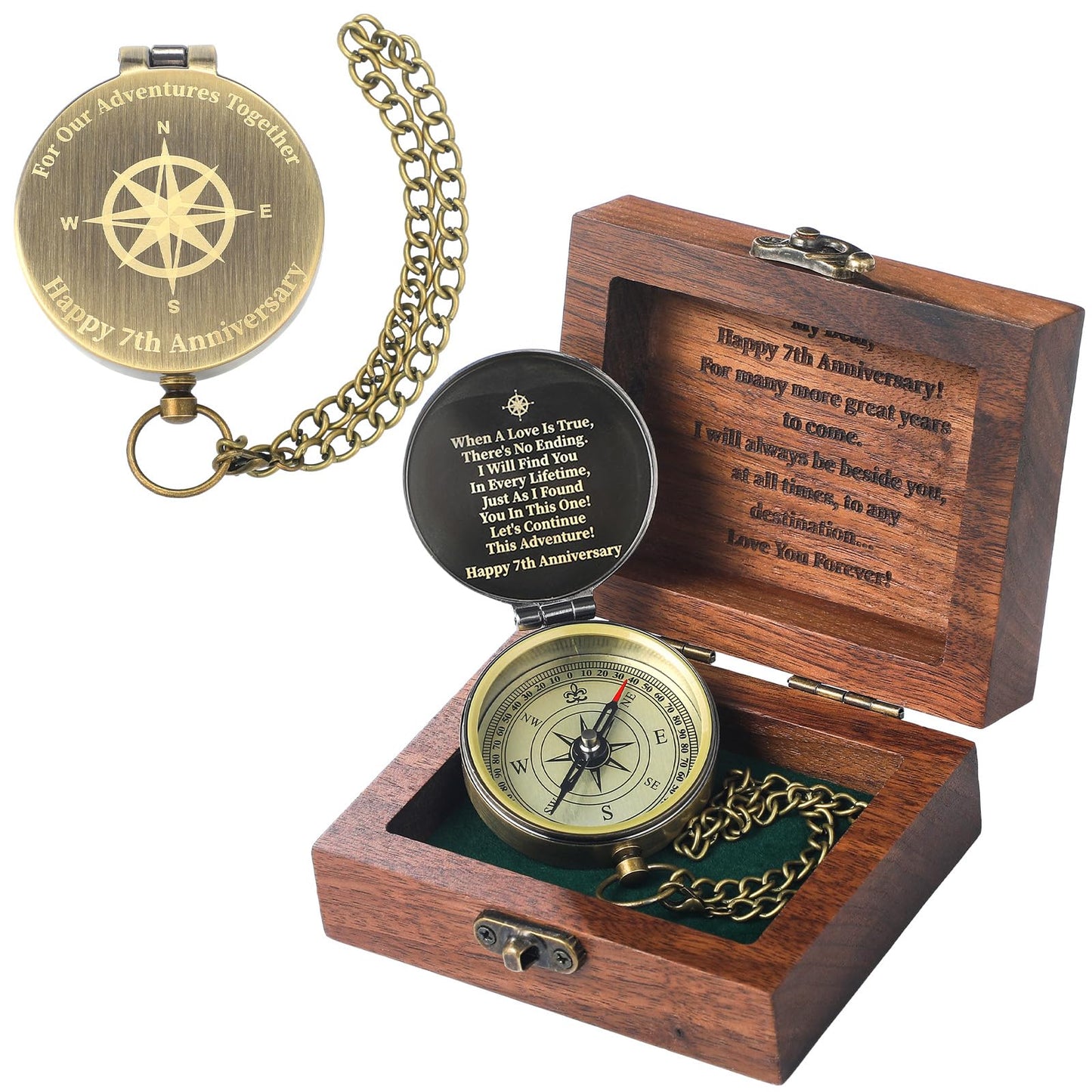 Relaxweex Anniversary Copper Gift for Him Her Engraving Quote Compass with Black Walnut Box Wedding Engagement Copper Keepsake Gifts for Men Women Husband Wife Couples(7th Anniversary)