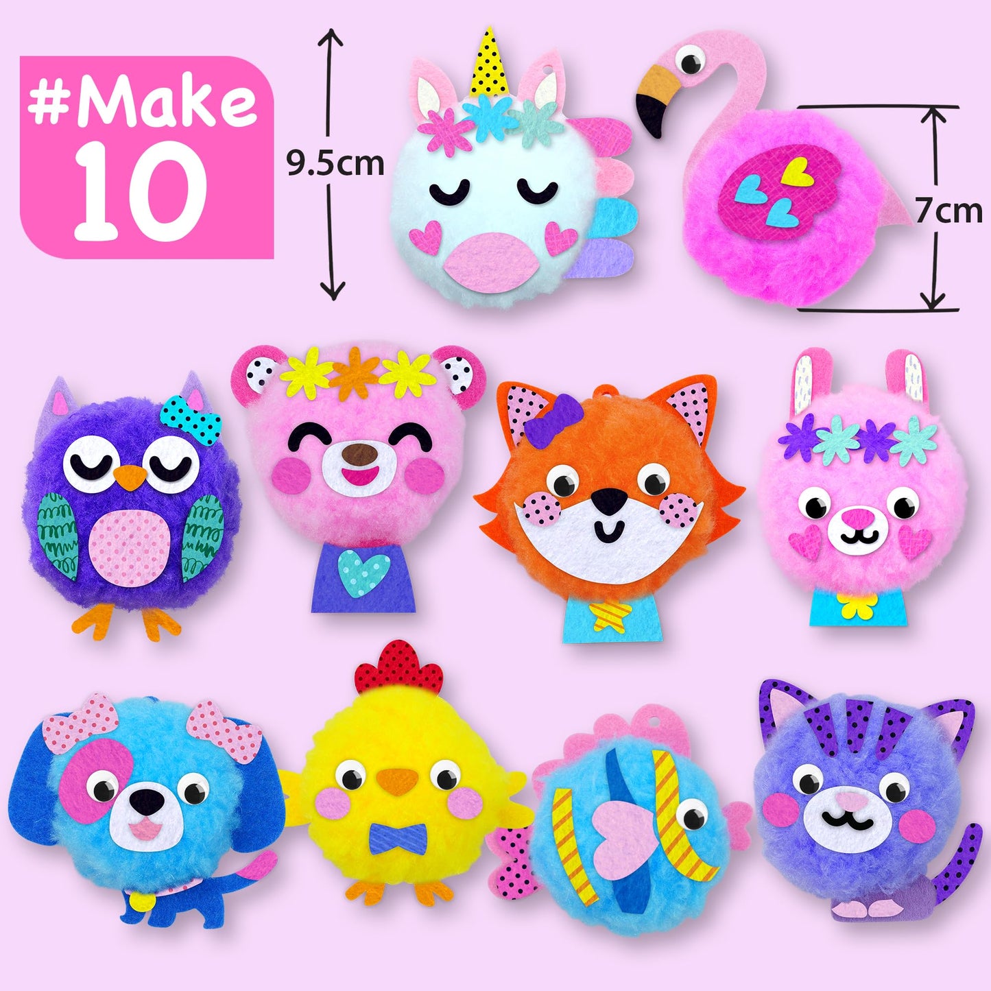 EZCRA Kids Crafts Ages 4-8 – 10 Plush Pom Pom Unicorn and Animals All-in-One DIY Craft Set – Felt Stickers, Educational & Creative Gift for Girls & Boys