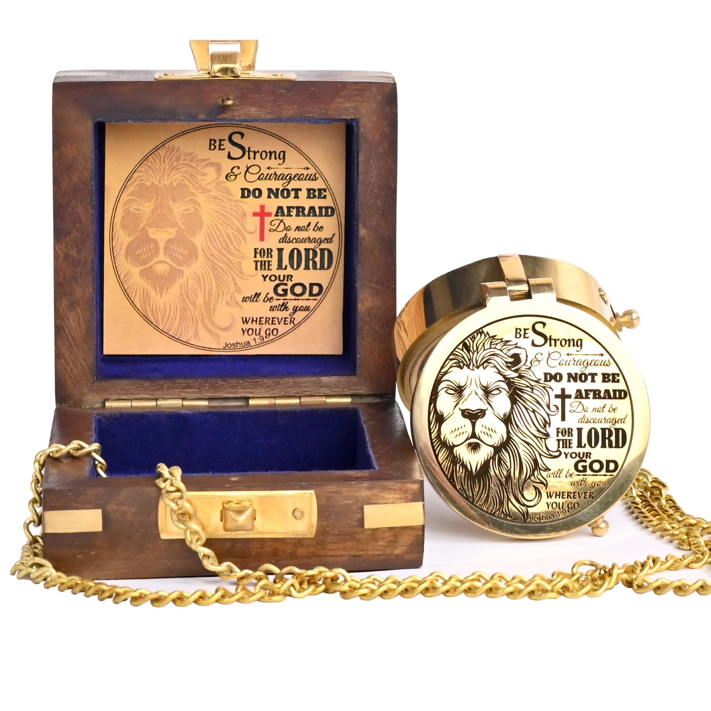 The New Antique Store - Brass Compass Engraved with Religious Scripture Verse (Joshua 1:9) - Perfect for Baptism, Confirmation, Communion - Ideal for Godson, Church, Graduation - Presented in Wood Box