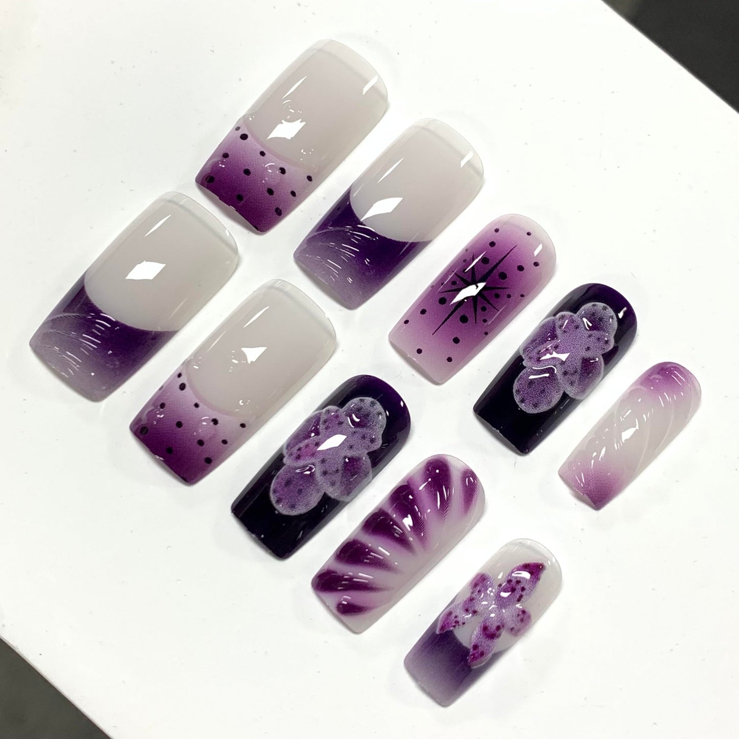 BABALAL Press On Nails, Long Square Fake Nails, Purple Ombre With 3d Floral & Polka Dot, Glossy Full Cover Glue On Nails For Women And Girls 24Pcs