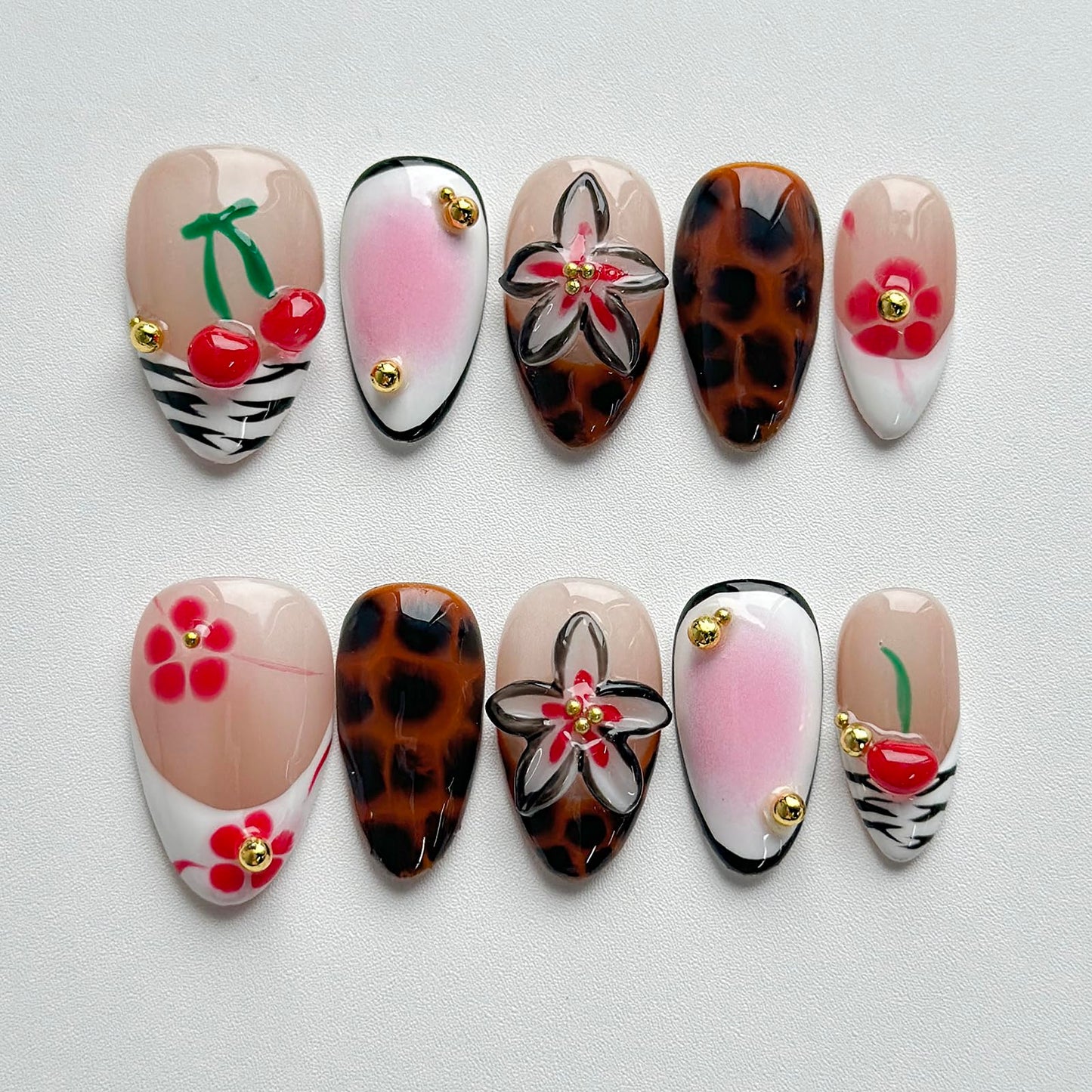 Luxury Press on Nails Short Almond Handmade 3D Unique Reusable ABS Material Fake Nails French Tip False Nails with Designs Flower Leopard Print Fall Glossy Glue on Nail Thick Acrylic Nail(M)