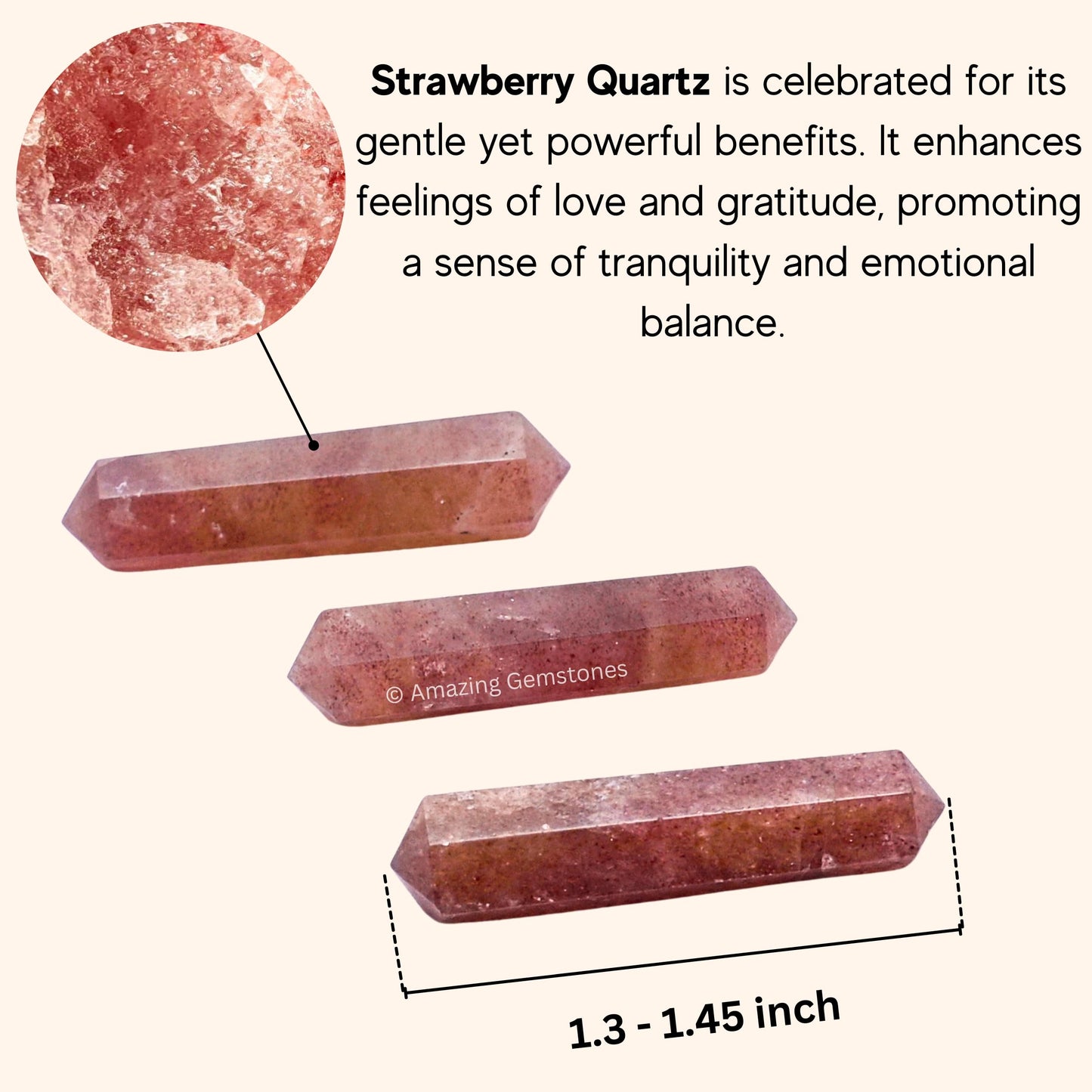 Amazing Gemstone Strawberry Quartz Crystal Points Bulk Healing Crystals and Stones - Pack of 3 Double Terminated Healing Wand Point Bulk Crystals for Crafts, Crystal Grid, DIY