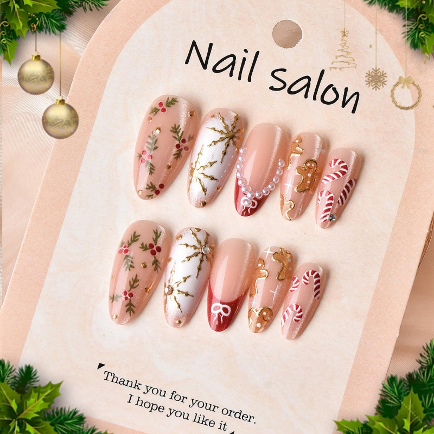 Christmas Almond Press on Nails Medium Fake Nails Red French Artificial Nail with Pearl and Gold Charm Designs Stick on Nail for Women 24pcs