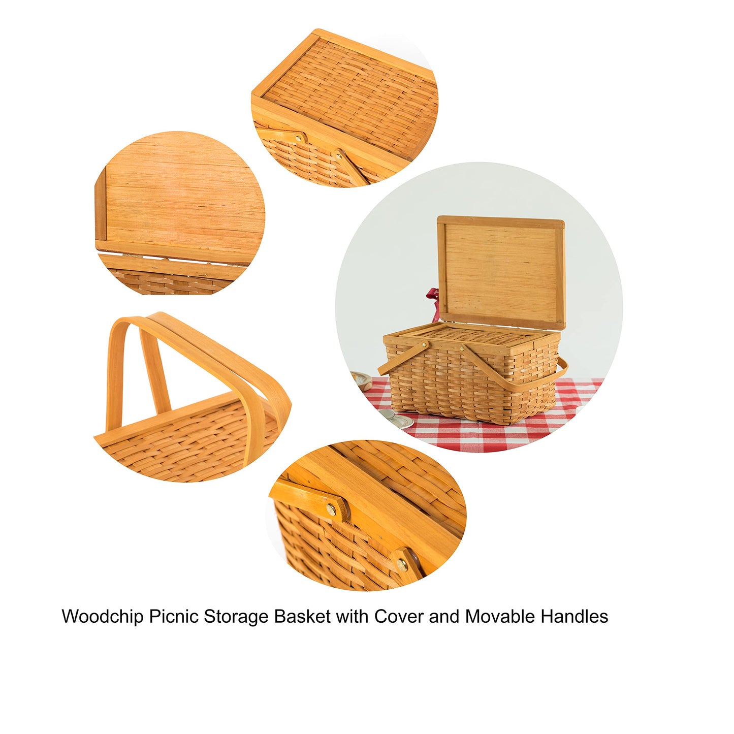 Woodchip Picnic Storage Basket with Cover and Movable Handles, Large