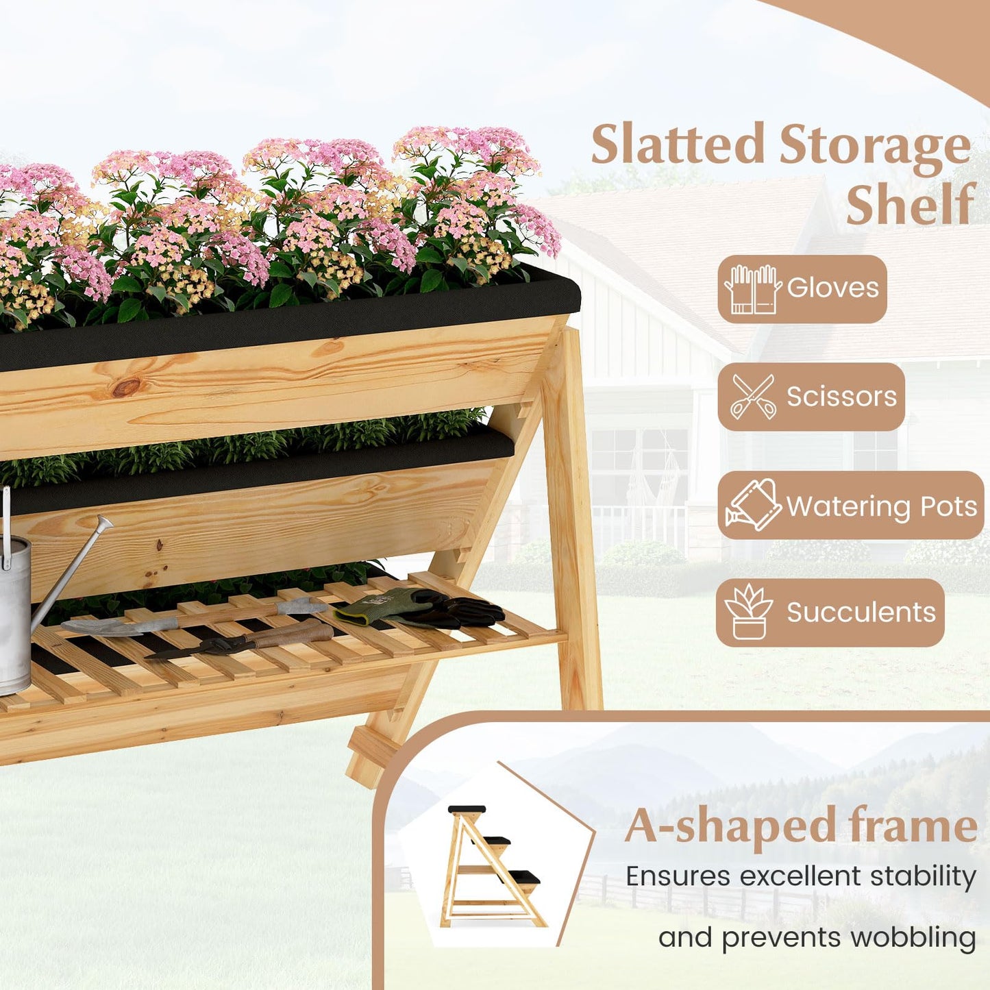 Giantex 3-Tier Vertical Raised Garden Bed, Wood Elevated Planter Box with Legs, Storage Shelf, Liners for Growing Vegetables Herbs Flowers, Indoor Outdoor Freestanding Raised Bed for Patio (Natural)
