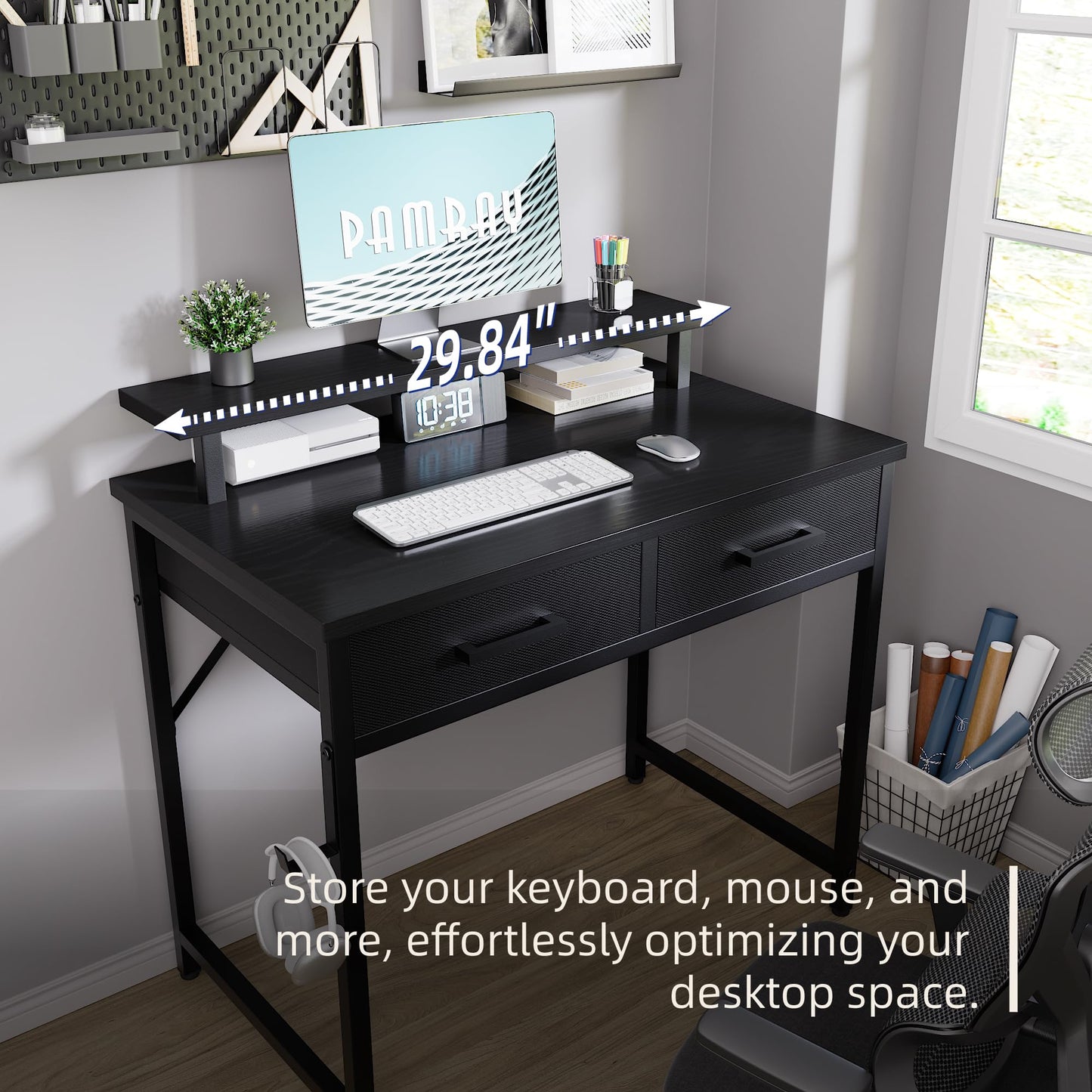 Pamray 32 Inch Small Computer Desk with Monitor Stand Home Office Desks with 2 Drawers for Bedroom Study Writing and Work Table for Small Spaces Black