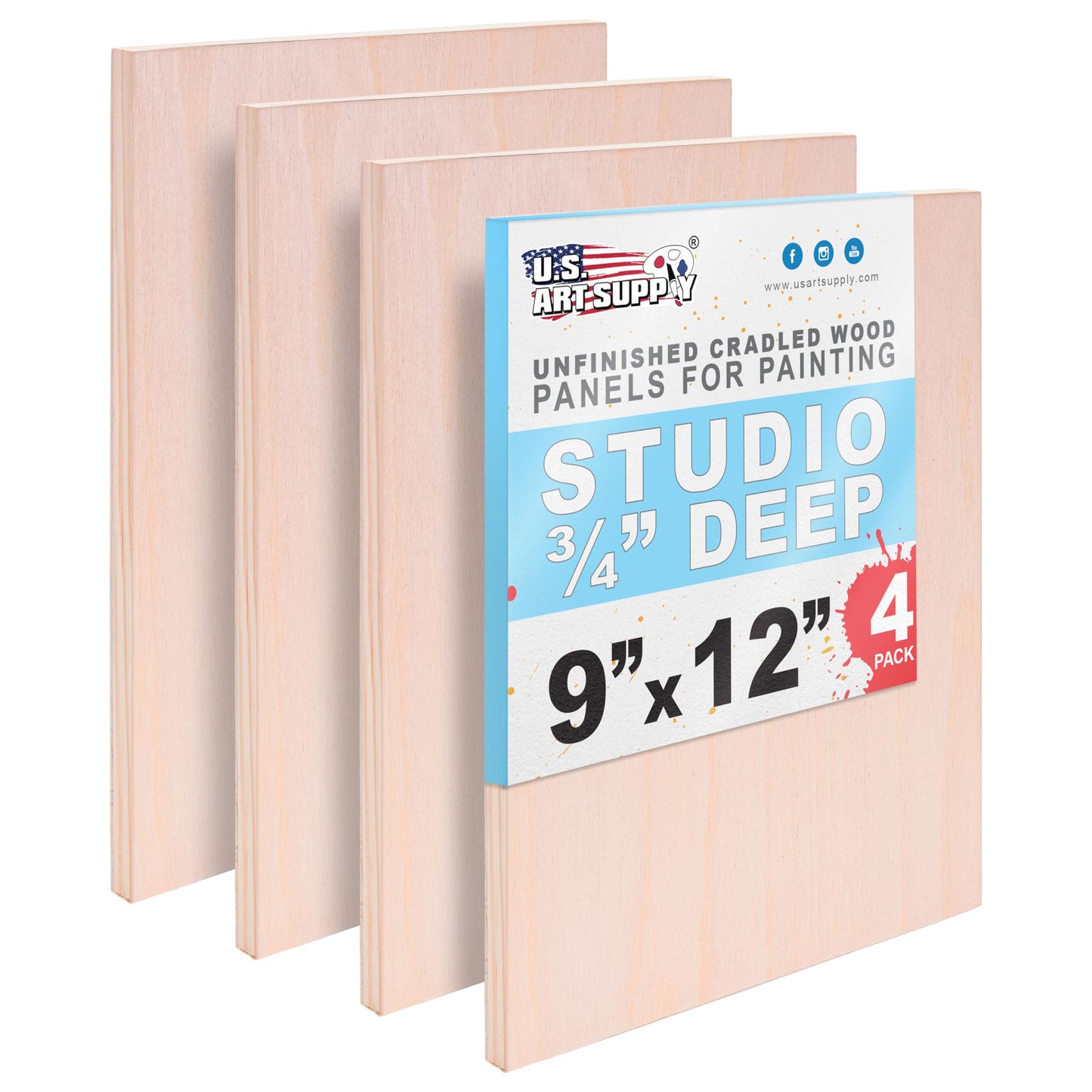 U.S. Art Supply 09" x 12" Unfinished Cradled Wood Panels for Painting, Studio 3/4" Deep (4 Pack) - Artist Depth Birch Wooden Wall Canvases - Mixed-Media Craft, Acrylic, Oil, Encaustic, Paint Pouring