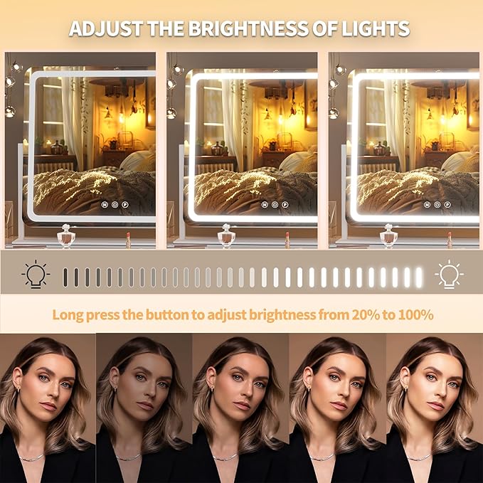 Hasipu Vanity Mirror with Lights, 40" x 29" LED Makeup Mirror, Light up Mirror with 10X Magnification and Phone Holder, USB Charging Port, Smart Touch 3 Colors Dimmable (White)