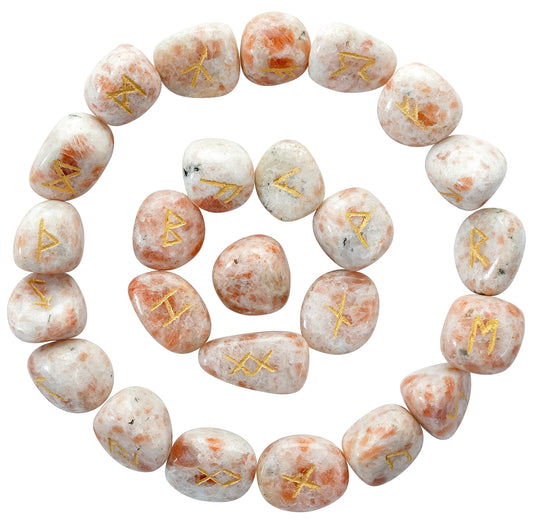 "Crocon Sunstone Rune Stones Set Engraved with Elder futhark Crystal Runes Set, Reiki Healing runas for Meditation Chakra Balancing, Rune Stone for Beginners with Crystal Guide & Pouch |15-20 mm"