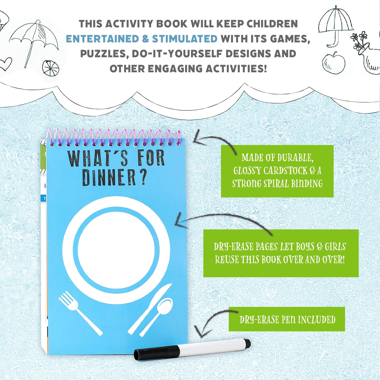 Squirrel Products Mom, I'm Bored Children's Activity Book, Fun Reusable Dry Erase Toy - Roadtrip Essentials, Word Games, Screen Free Activites for Kids Ages 3 and Up - Original Version