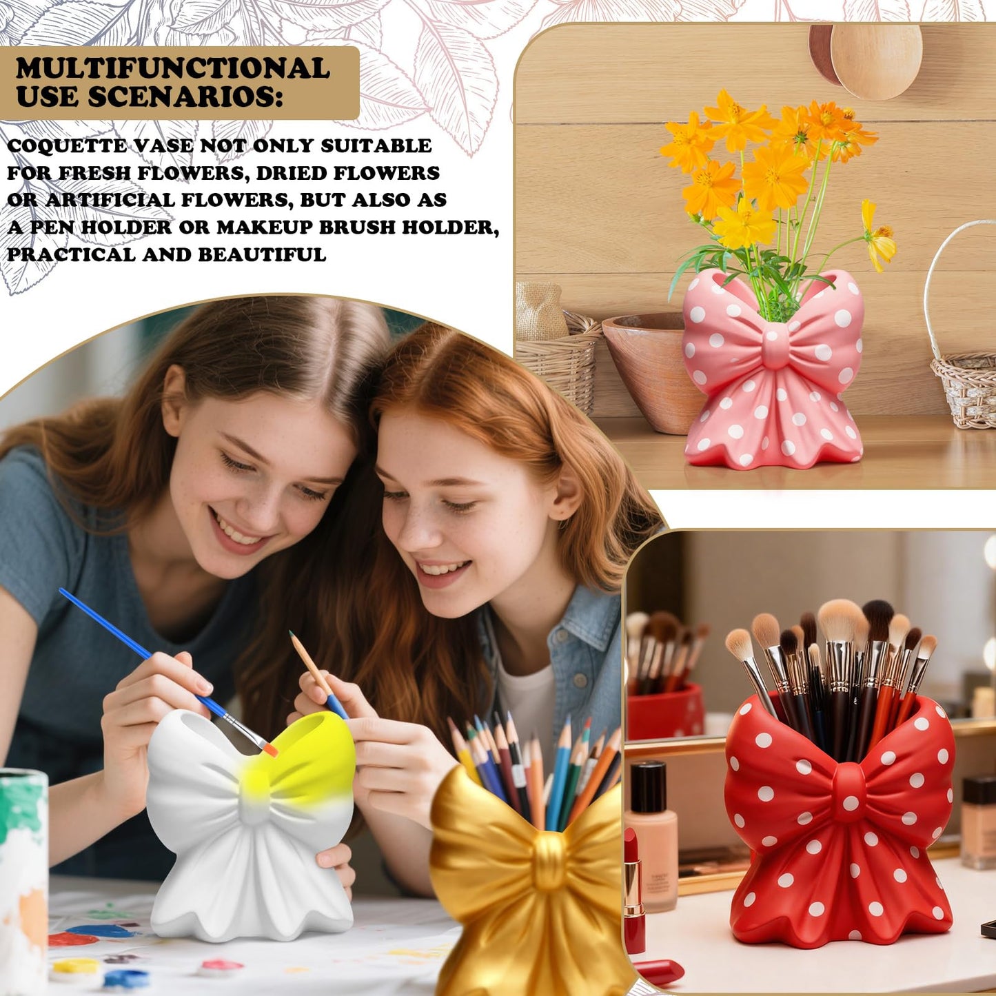 AceOrbit 6 Sets Paint Your Own Coquette Bow Succulent Planter Vase Ceramic Blank Unpainted Flower Pots DIY Paintable Porcelain Vase Kit for Adults Classroom Craft Project Activity Supplies