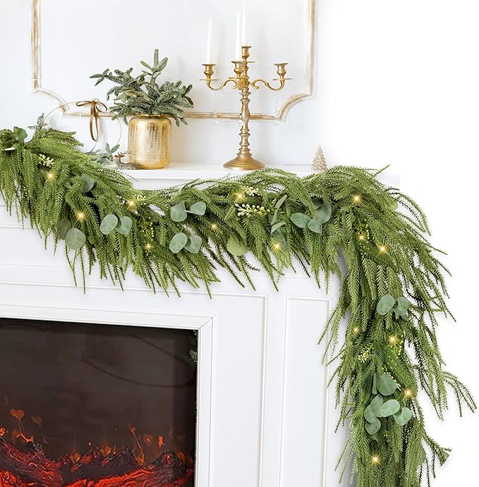 Sggvecsy 6Ft Christmas Fork Norfolk Pine Garland Artificial Christmas Garland Real Touch Pine Greenery with Eucalyptus for Table Wall Mantle Indoor Fireplace Home Holiday Decoration (1 Pack)