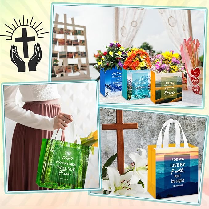 HunnmingRe 16 Pcs Christian Gift Bags Bulk, Easter Reusable Scene Religious Bible Verse Tote with Handles Non Woven Scripture Pastor Blessing Gift for Baptism Church Wedding Favors