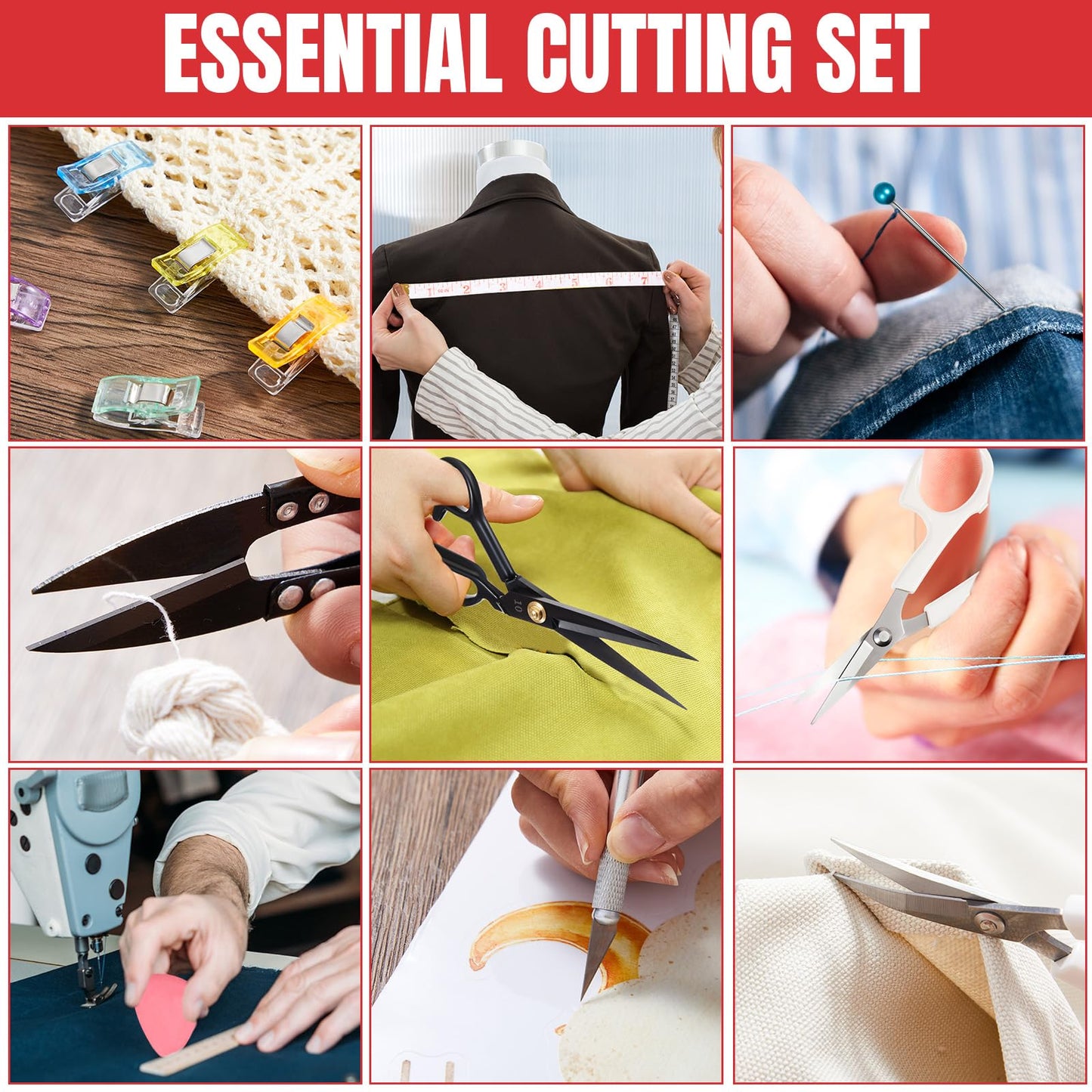Lasnten 10 Inch Fabric Scissors Heavy Duty Sewing Scissors for Cutting Leather Clothes Tailor Shears Set with Tailors Chalk, Plastic Clips, Sewing Pin for Home Office Artists Dressmakers