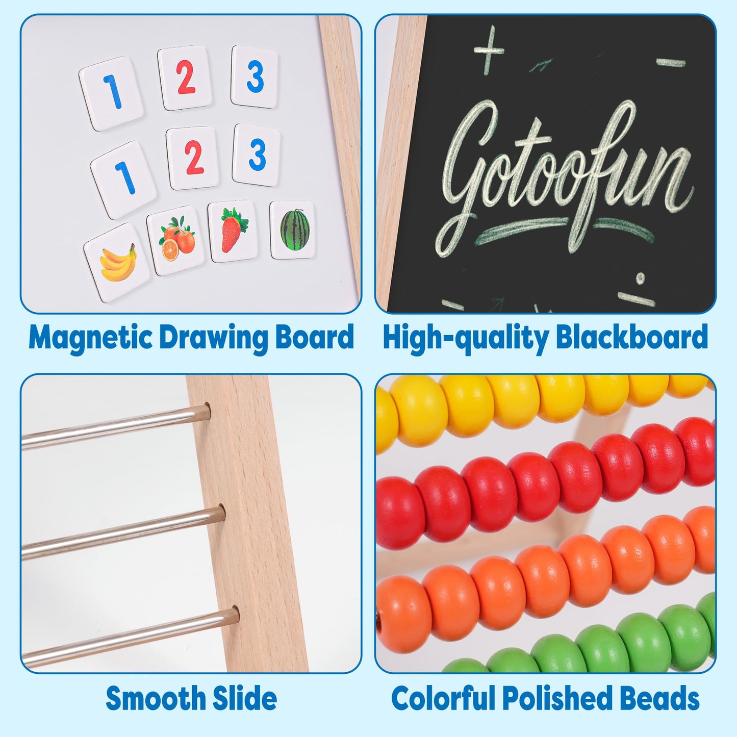 Gotoofun Wooden Abacus for Kids Math - Double-Sided Blackboard Whiteboard for Toddlers with 308 Magnetic Number & Fruit Cards, 100 Counting Sticks Montessori Educational Toys Homeschool Essentials
