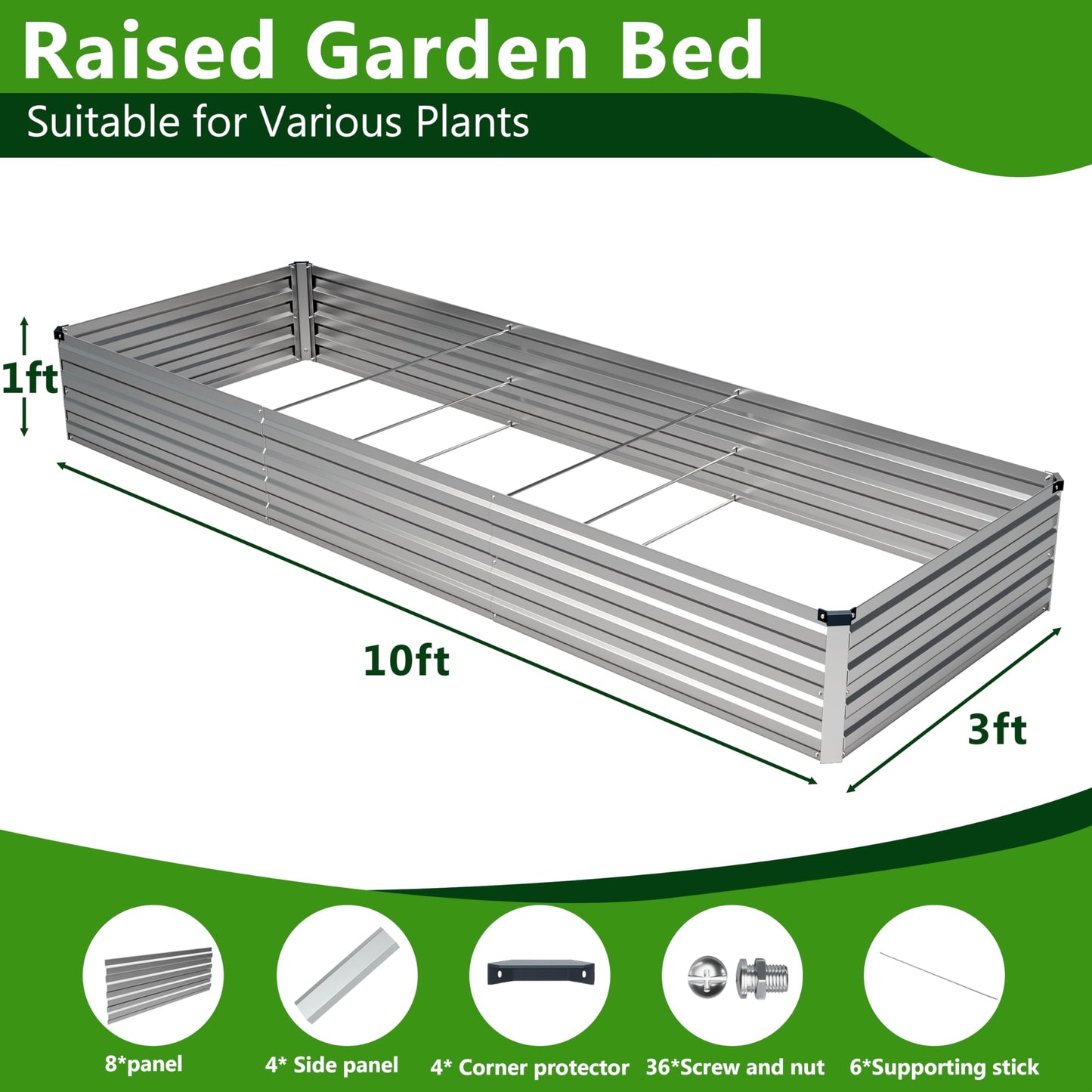 Easllre 2PCS 10x3x1ft Galvanized Raised Garden Bed,Outdoor Planter Box Metal Patio Kit Planting Bed for Vegetables Flowers Herb,Silver