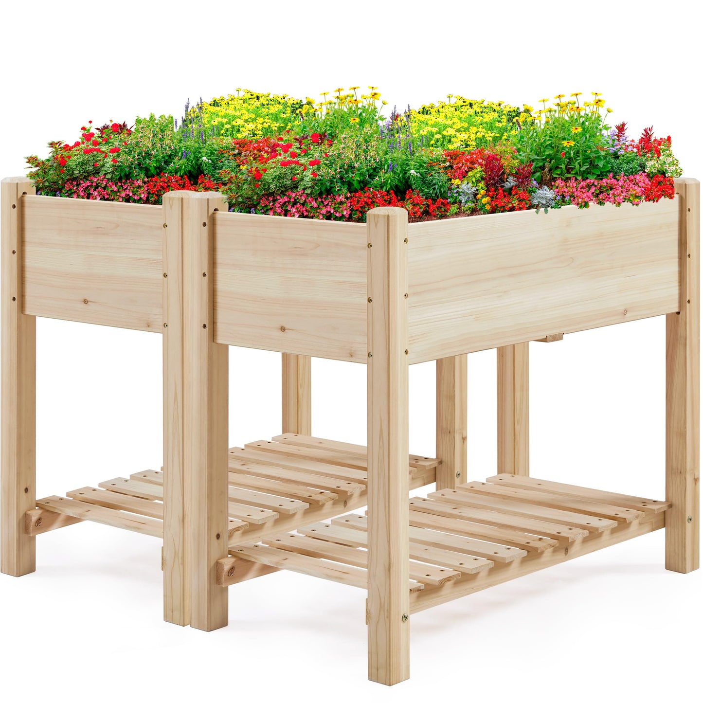 Yaheetech 34x18x30in Horticulture Raised Garden Bed 2pcs Planter Box with Legs & Storage Shelf Wooden Elevated Vegetable Growing Bed for Flower/Herb/Backyard/Patio/Balcony