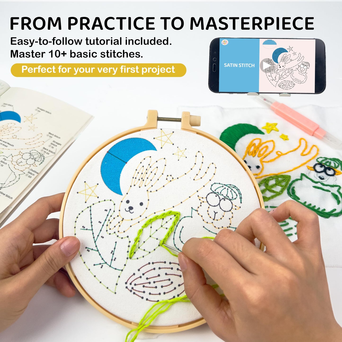 Complete Embroidery Kit for Beginners & Adults with Printed Water-Soluble Patterns, Threads, Fabric, Tools & Video Tutorials, Easy DIY Craft Kit for Learning Stitches, Accessories & Handmade Gifts