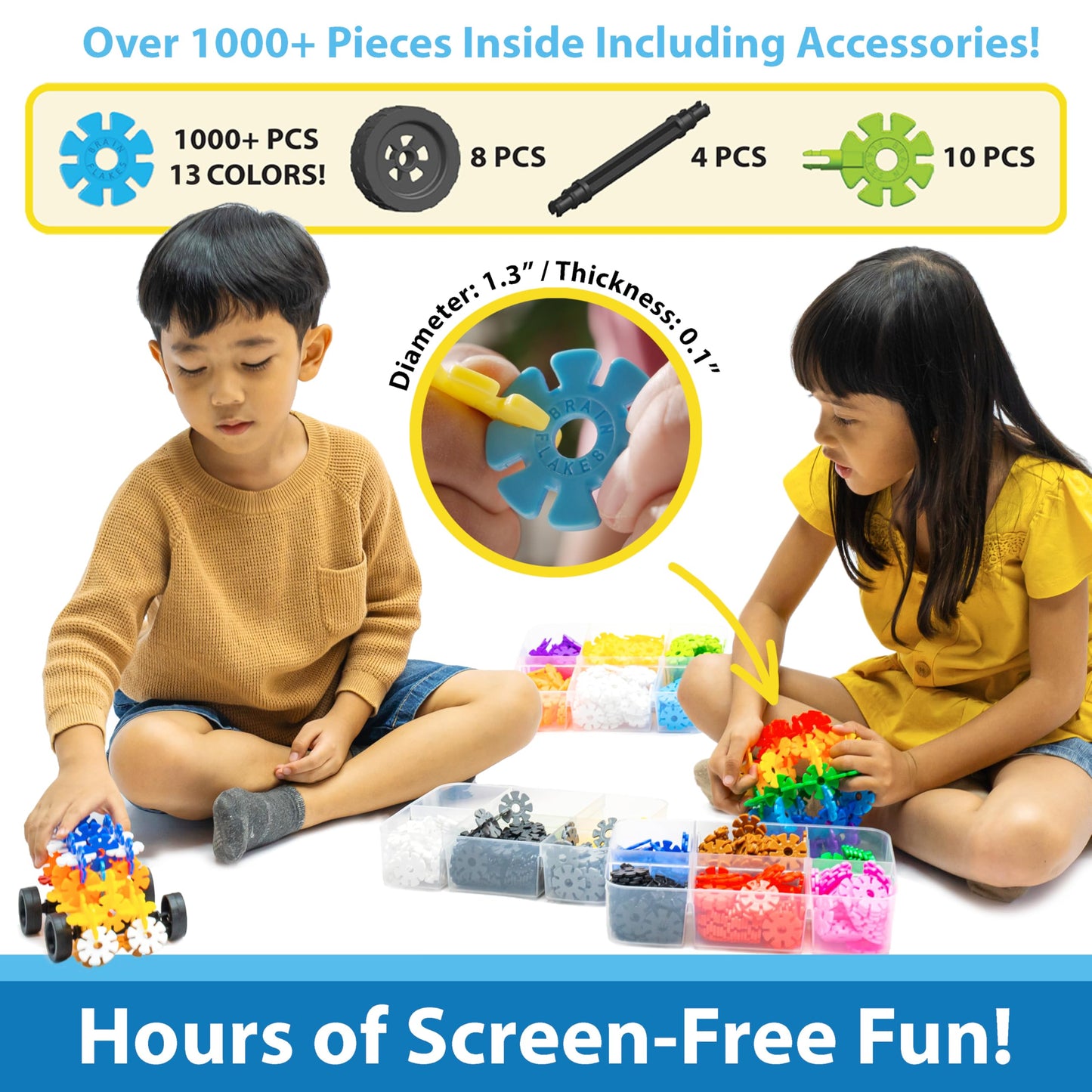Brain Flakes 1000 Piece Sort ‘n’ Snap Set - Wheel Pieces and Special Parts Included - A Great Stem Toy for Both Boys and Girls