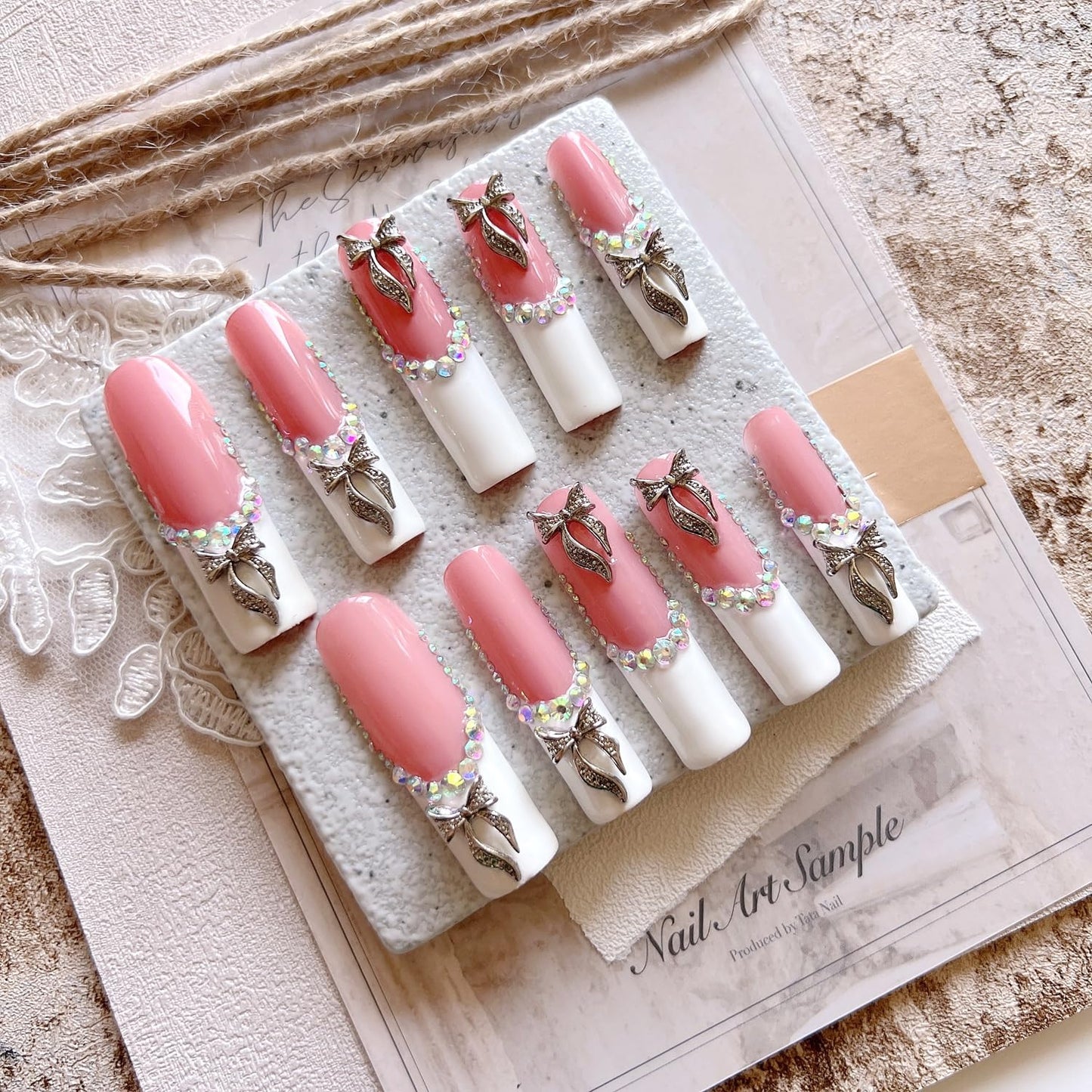 NAIL ANGEL 10PCS/SET Glamorous Handmade Press on nails Glitter Rhinestone with Metal 3D Bow Charms Long Coffin Nails Party Nails XXL Long Artifical Tips ZJ-08 (Multi-Color, ZJ-08-S)