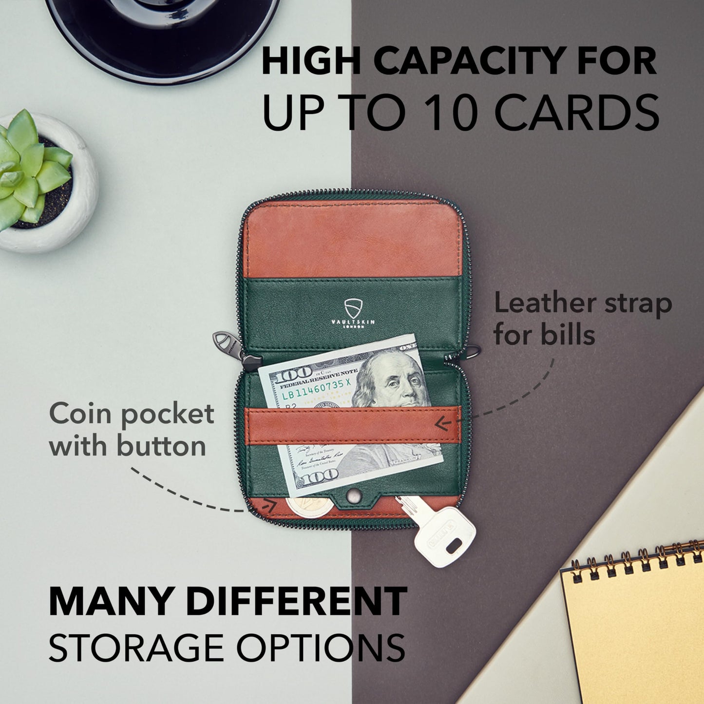 Vaultskin NOTTING HILL Minimalist Leather Zipper Wallet for Women and Men: Slim Multi Cardholder with RFID Blocking and Keychain Ring (Green)