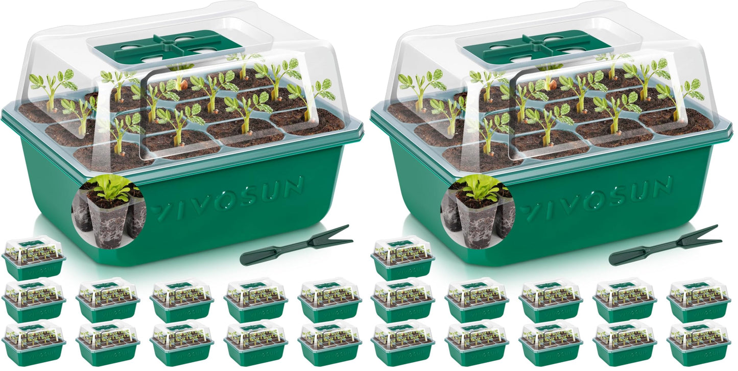 VIVOSUN 24-Pack Seed Starter Trays, 144-Cell Seed Starter Kit with Humidity Dome, Flat Reusable Plant Germination Trays with Drain Hole, Green Propagation Tray for Planting Seeds