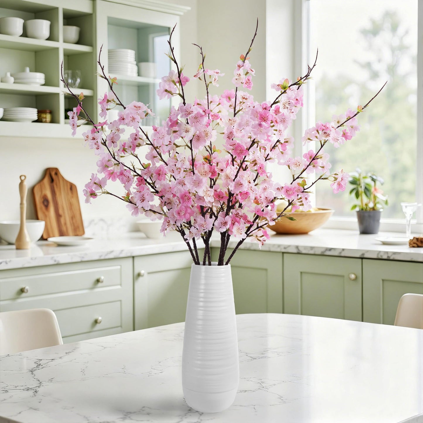 ENALGRE Artificial Cherry Blossom Branches 27.6In Silk Cherry Blossom Branches Long Stem Artificial Flowers for Tall Vase, for Home Decor, Weddings Decor, Parties & Festival Gifts 8PCS ，Pinkish White