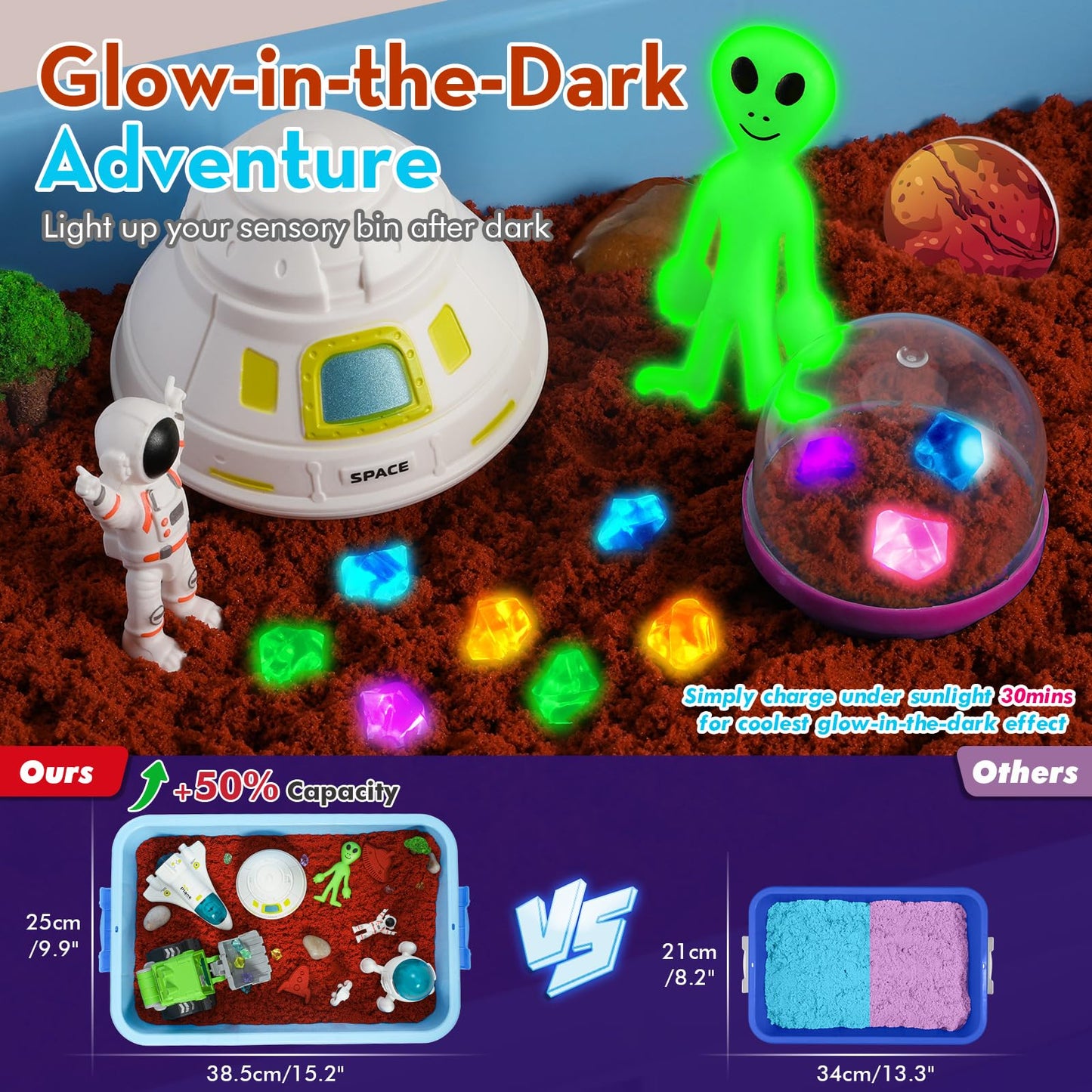 KNASON Outer Space Sensory Bin,Play Sand Kit for Boys with 2.2lbs Sand,Glow in The Dark Alien and Gems,Space Science Kits Sandbox Toys Preschool Toddler Activities Christmas Gift for Kids Ages 3-8