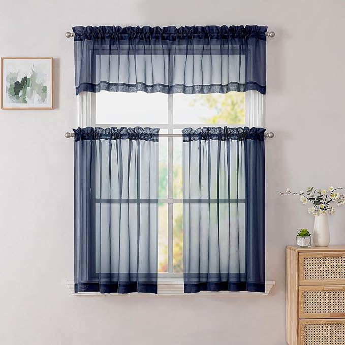 Simplebrand Navy Valances 14 Inches Long for Living Room Pocket 2 Panel Light Filtering Sheer Translucent Valence Toppers for Window Kitchen Bathroom Bedroom 42x14 Inch Length