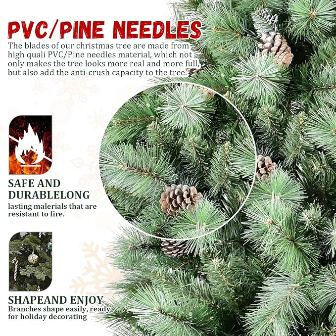 7.5FT Frosted Christmas Tree with 92 Pine Cone & Pine Needles, Premium Unlit Artificial Christmas Tree with 1588 Branch Tips, Realistic Hinged Xmas Trees with Metal Stand for Holiday Decoration