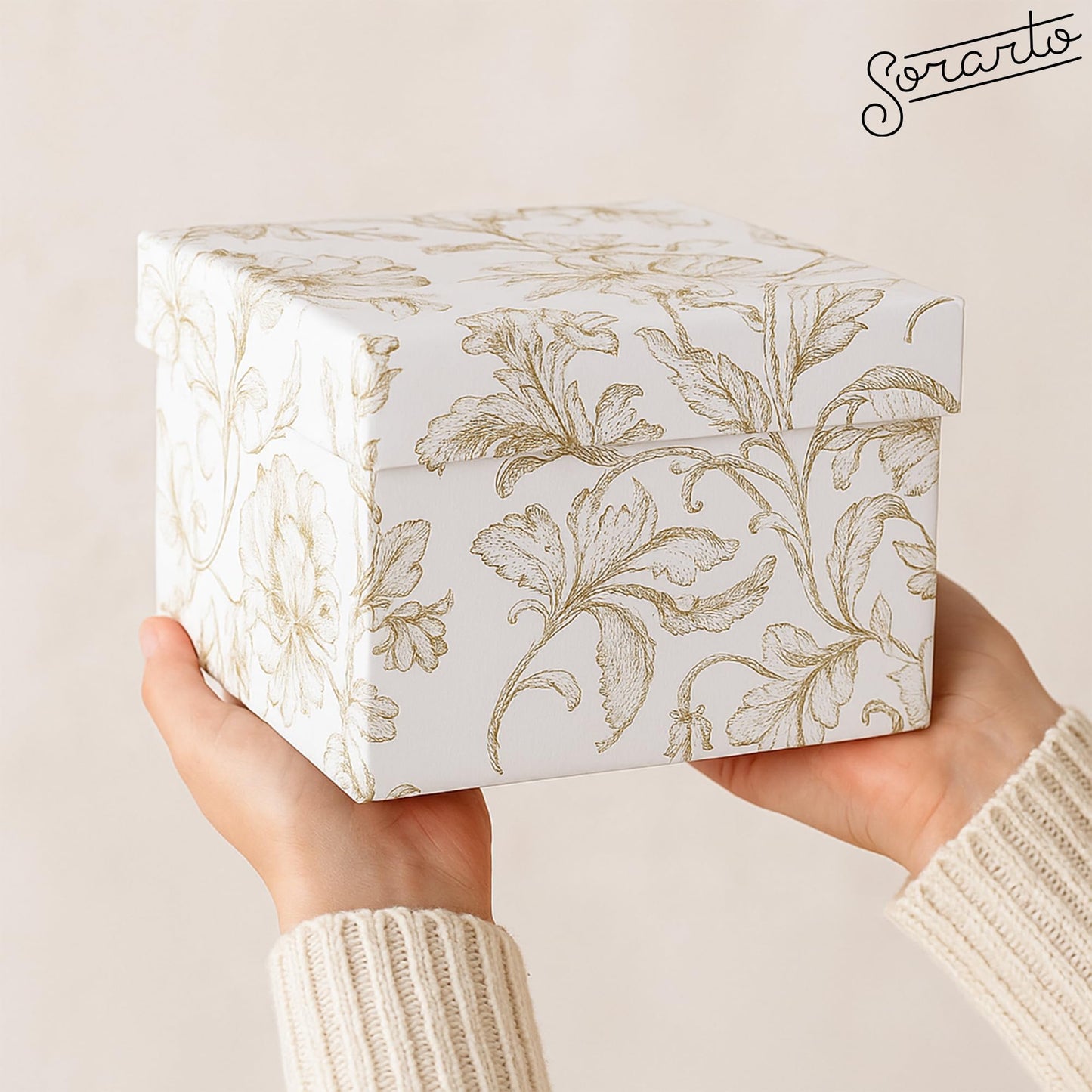 Sorarto Square Gift Boxes with Lids 4pc Set | White Gold Floral Nesting Gift Boxes for Presents Birthday Wedding Bridesmaid Christmas