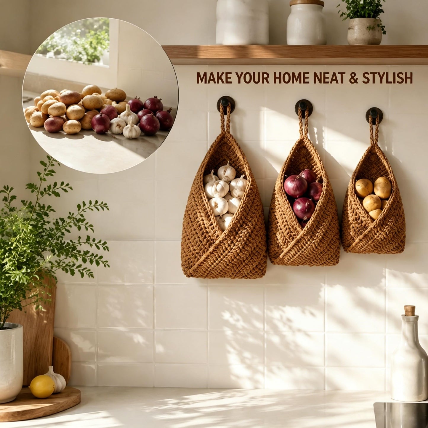 Boho Hanging Wall Baskets for Kitchen – 3 Pack Handwoven Jute Teardrop Storage Baskets with Adhesive Hooks for Fruit Onion Potato Vegetable, Farmhouse Wall Decor (Linen/Triangle/Jute, 3 Sizes)