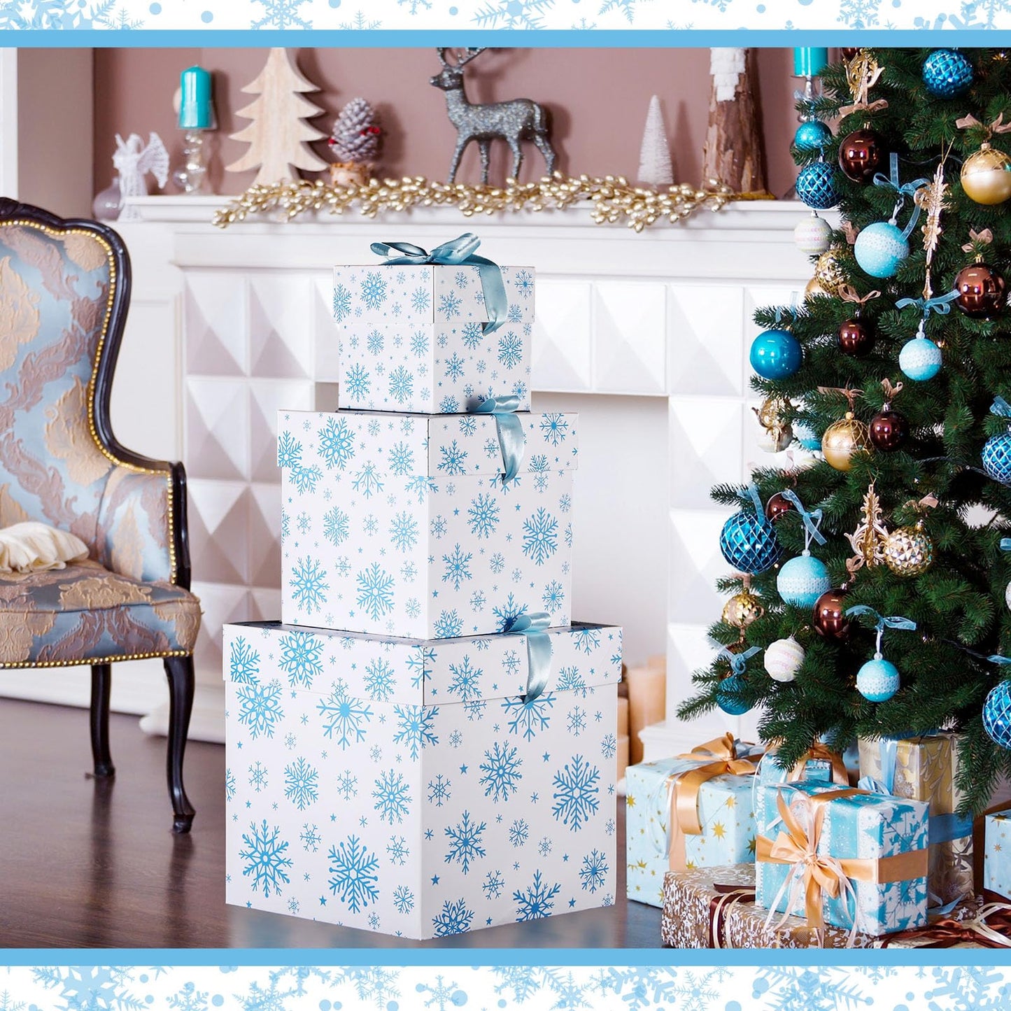 Zhanmai 3 Pcs Christmas Nesting Gift Boxes Snowflake Stackable Boxes Christmas Decorative Boxes with Lids for Present Wrapping Xmas Winter New Year Holiday Party Decor Supplies Favor(White and Blue)