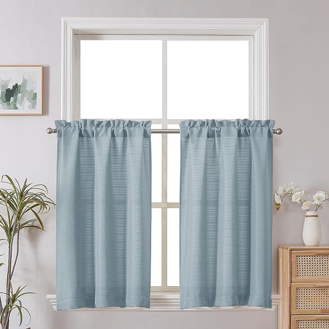 Chyhomenyc Curtains 30 Inch Length, Faux Linen Textured Small Cafe Curtains, Light Filtering Short Curtain for Bathroom Window, 30x30 Inch, 2PCS, Aqua with Greenish Tone