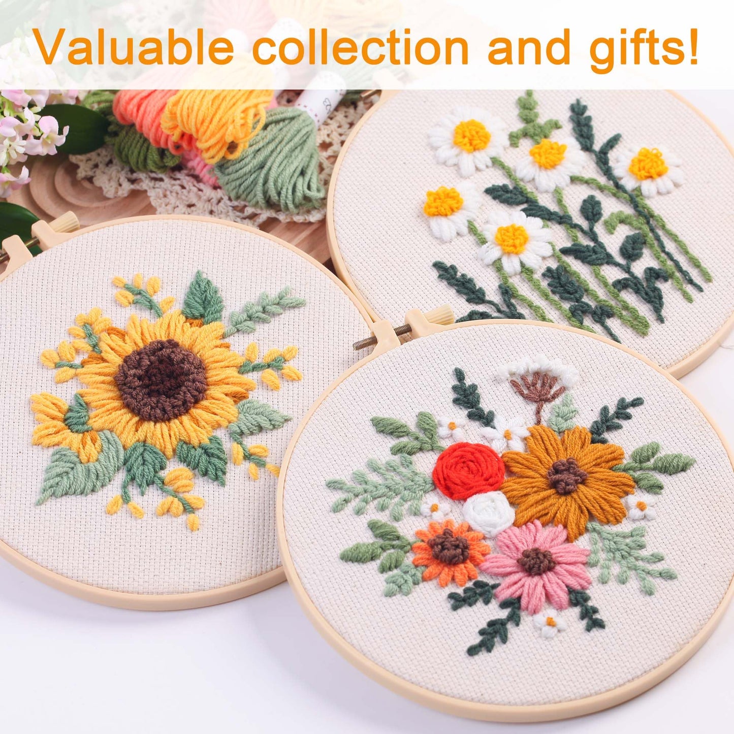 REEWISLY Punch Needle Embroidery Starter Kits for Beginners Flower and Grass Patterns.3Ps Embroidery Hoops,Color Threads,Instructions and Needles,DIY Adults Embroidery, Video Teaching