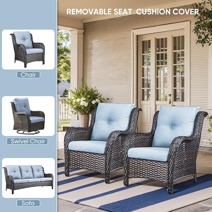 8-Piece Outdoor Patio Cushion Set - Fade & Water Resistant with Removable Olefin Cover, 22x24x4 Inch Memory Foam Cushions for Wicker Sectional Sofa – Baby Blue/Buckle