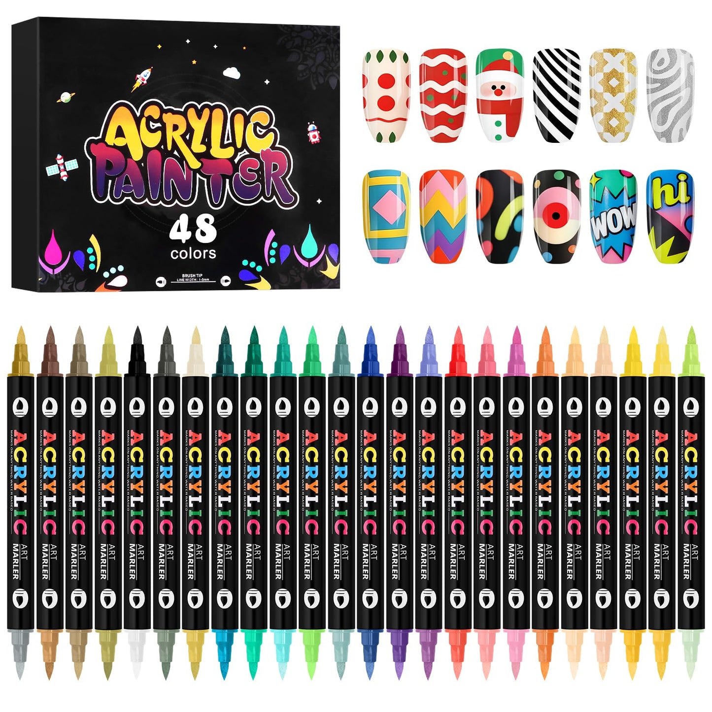 Kalolary 48 Color Nail Art Markers Set, 3D Nail Art Pens Point Nail Graffiti Dotting Pen Quick-Drying Waterproof Double Headed Acrylic Paint Pens Set for DIY Nails Art Design