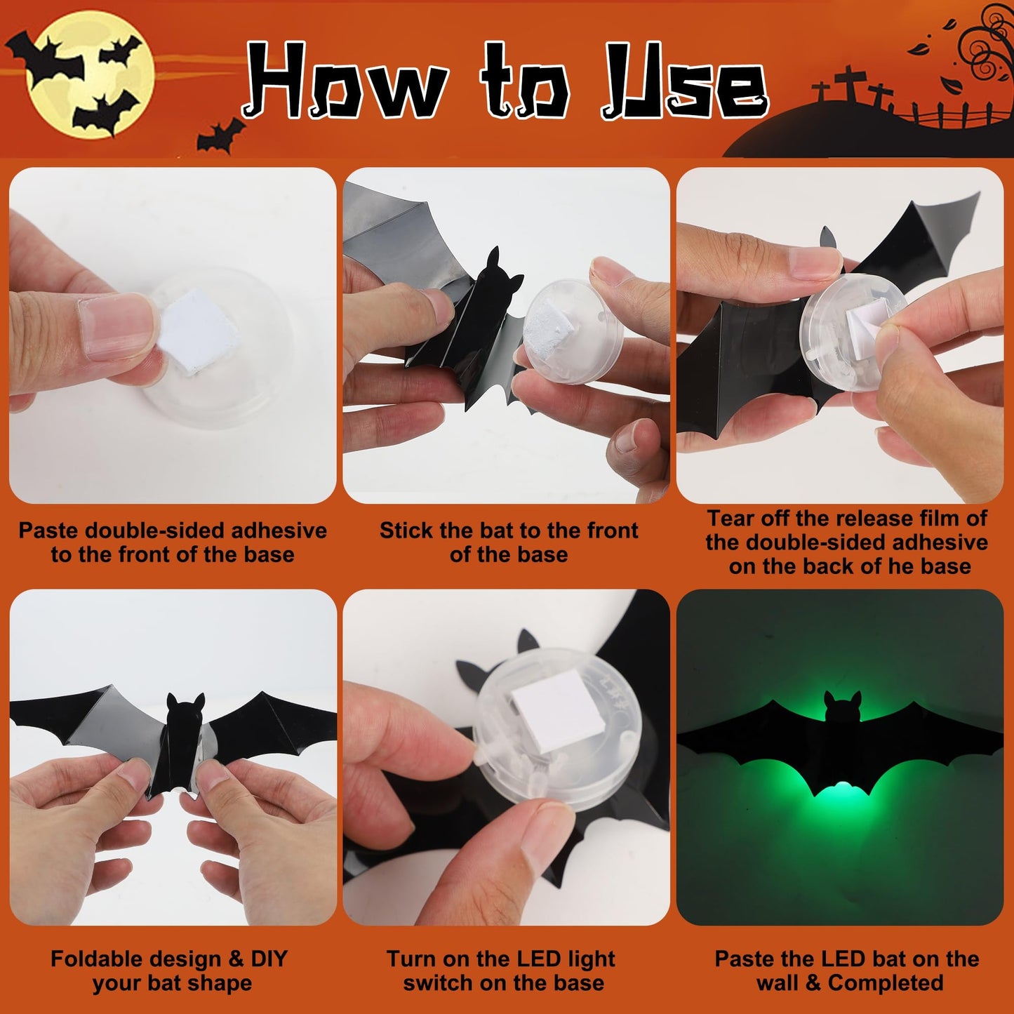 DR.DUDU 36 Pack Bats Halloween Decorations- Light Up Bat Wall Stickers with Green LED, 3D Removable Window Decals for Indoor/Outdoor, Bathroom, Door, Home, Bedroom Halloween Party