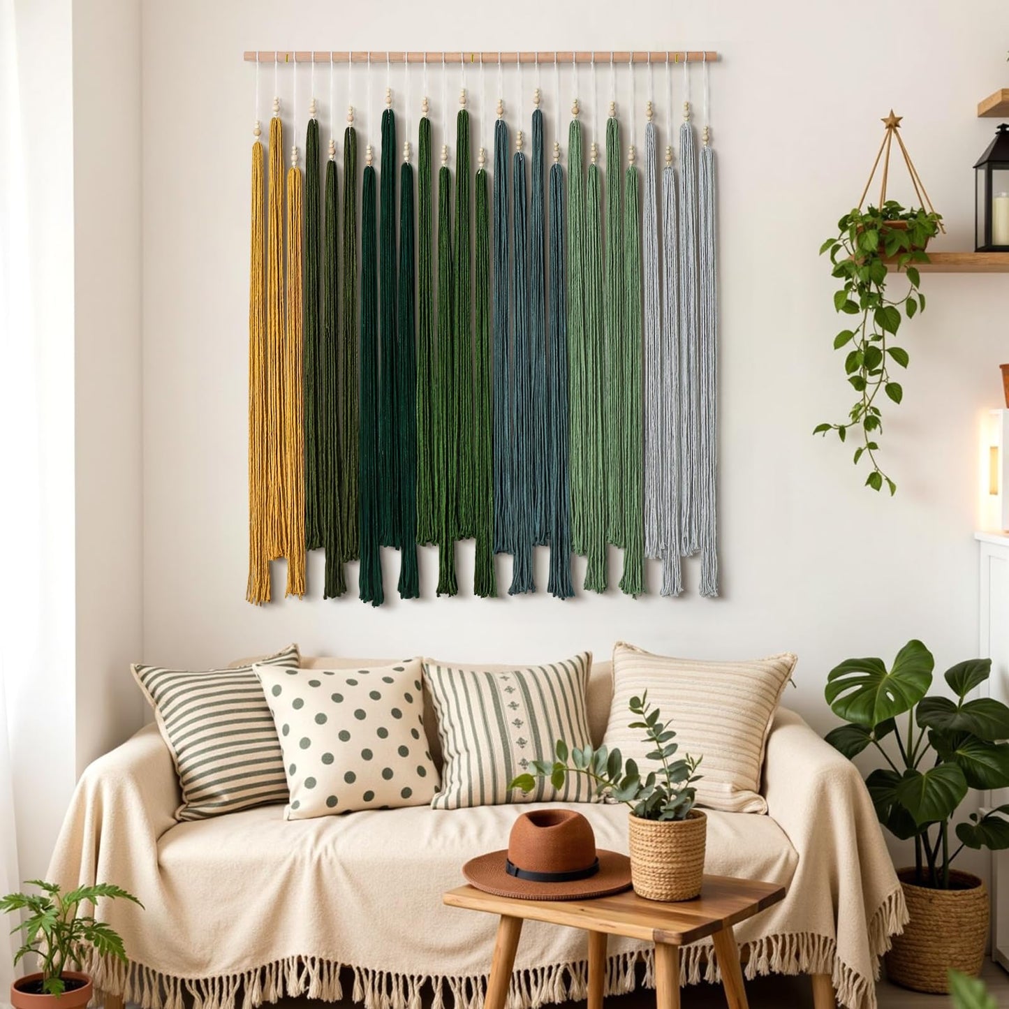 KHOYIME Macrame Wall Hanging Large Boho Home Decor Aesthetic, Bohemian Green Tassels Tapestry Modern Handmade Artwork Chic Wall Art Decorations for Living Dining Room Bedroom Nursery Office 38.5"x43"