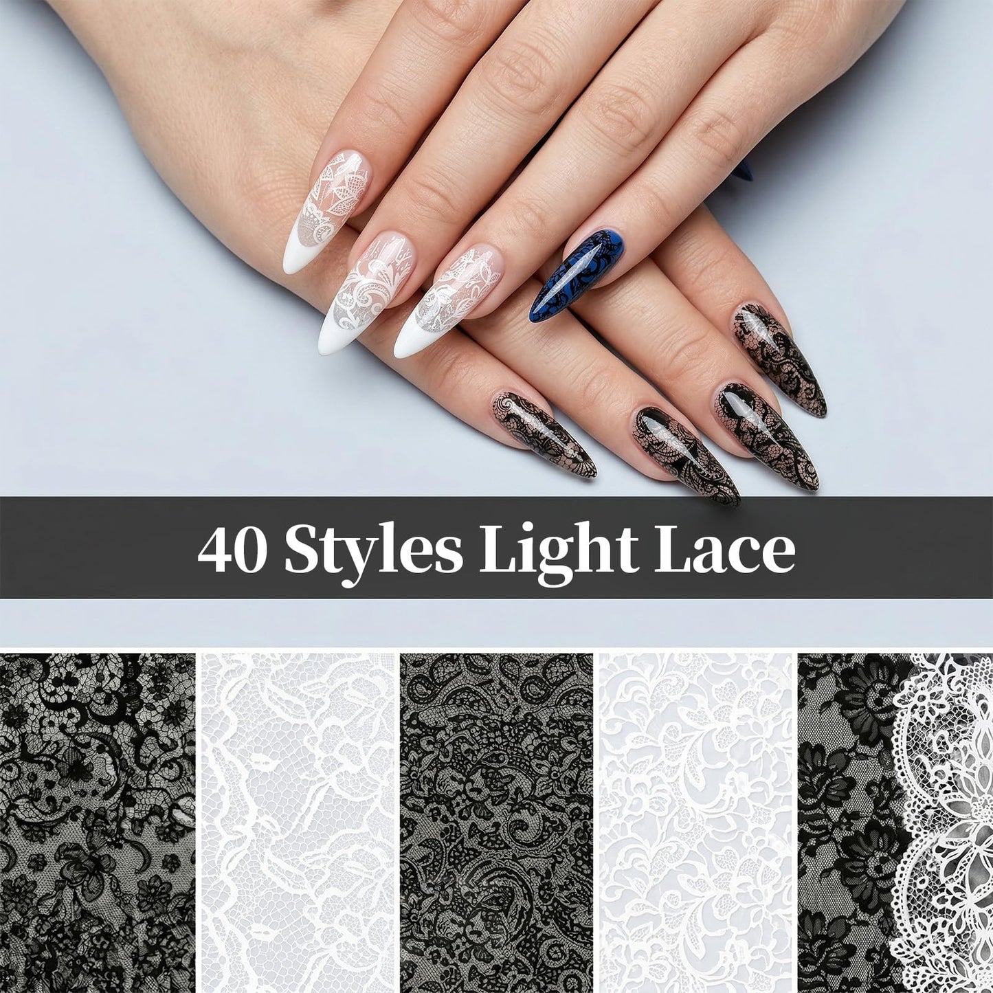 Aiuulu 40 Rolls Lace Nail Foil, Holographic Lace Transfer Foil Sheets for DIY Nails Art, 4 Boxes Black & White Transfer Stickers Flower Decals