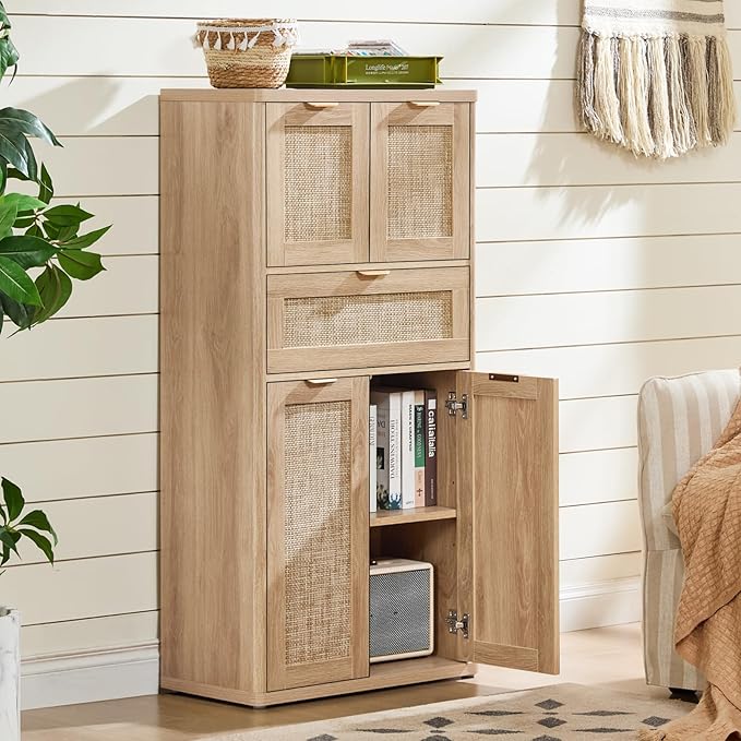 LEYAOYAO 48" Tall Storage Cabinet,Rattan Bathroom Floor Cabinets with 4 Doors & 1Drawer,Boho Kitchen Pantry with Adjustable Shelves,Wooden Cupboard for Living Room,Home Office,Dining,Natural Wood