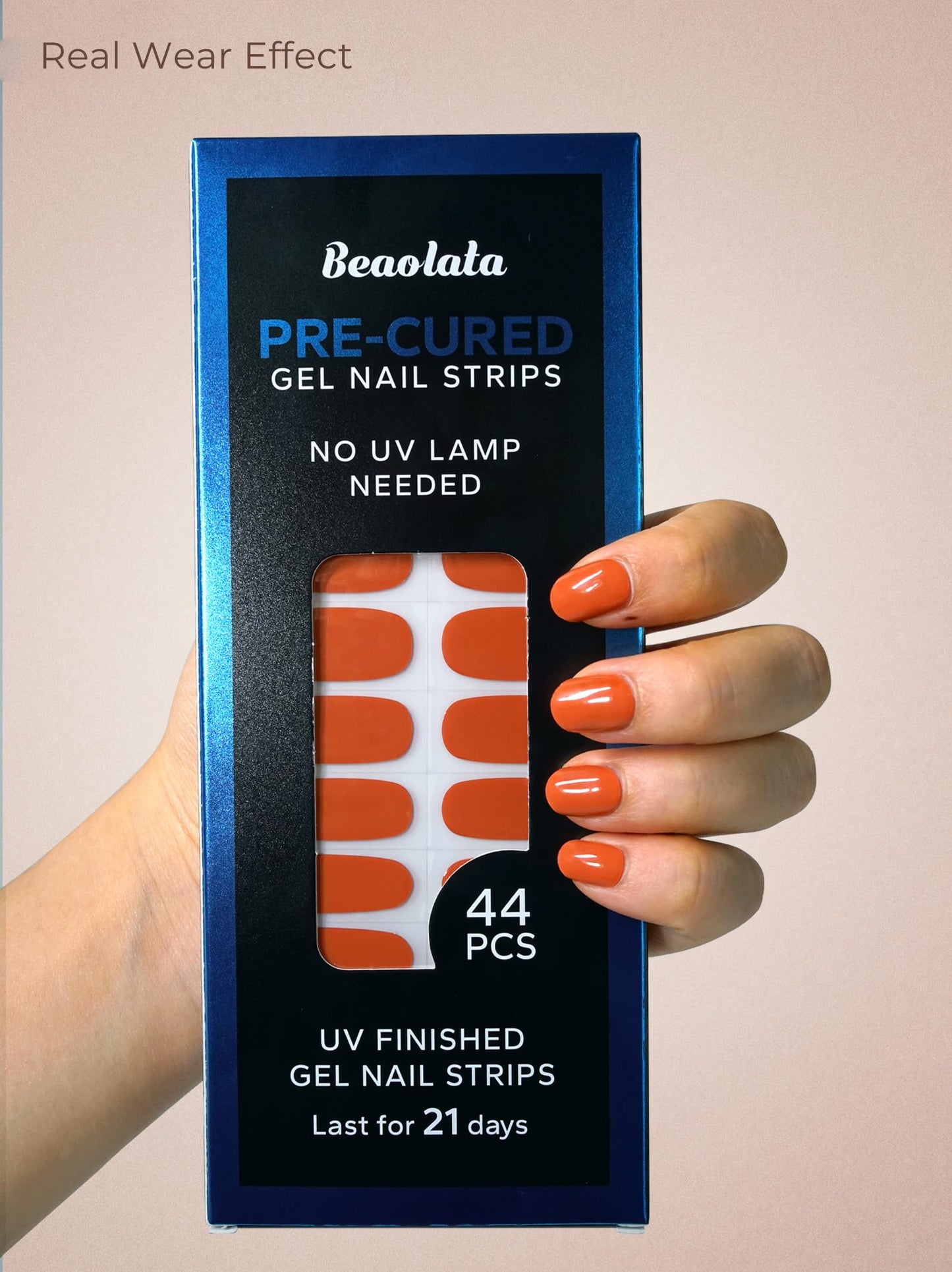 Beaolata Real Gel Nail Strips (No UV Light Needed) - 44Pcs Salon Quality Nail Stickers - Long Lasting Polish Wraps for Women, Easy Apply & Remove (Warm Cocoa Brown)