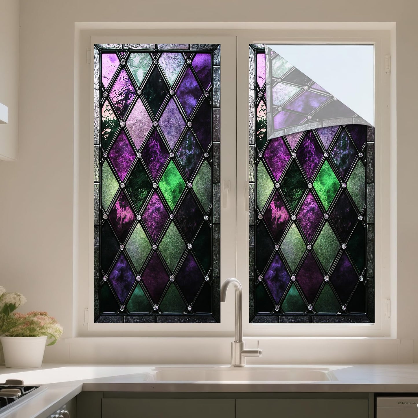 IVN Privacy Window Film Stained Glass Window Cling Purple and Green Diamond Design Decorative Static Cling Window Sticker for Bathroom Kitchen Entry Door 17.7 x 39.3 Inch