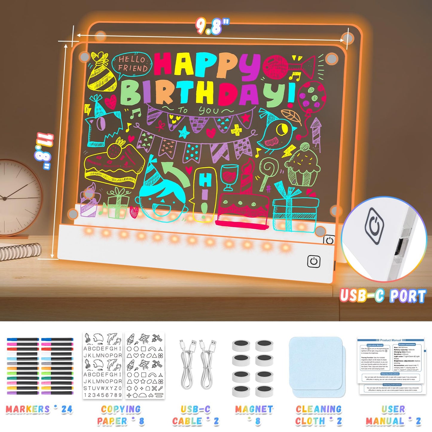 2pack Rechargeable LED Drawing Board for Kids with 7 Colors, Magnetic LED Note Lumi Board with 4 Magnets and Invisible Stand, Light up Acrylic Dry Erase Board Gift Toy for Kids/Girls