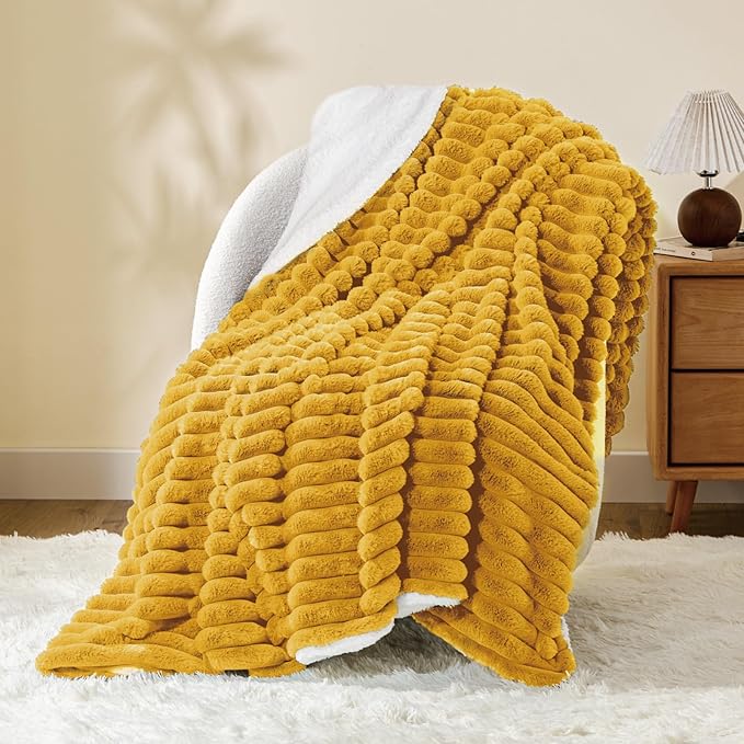 INFIIXSO Sherpa Throw Blanket for Couch - Super Soft & Warm Striped Fleece Blanket, Cozy Plush Fluffy Blanket All Season Use (Mustard Yellow, 50x60 Inches)
