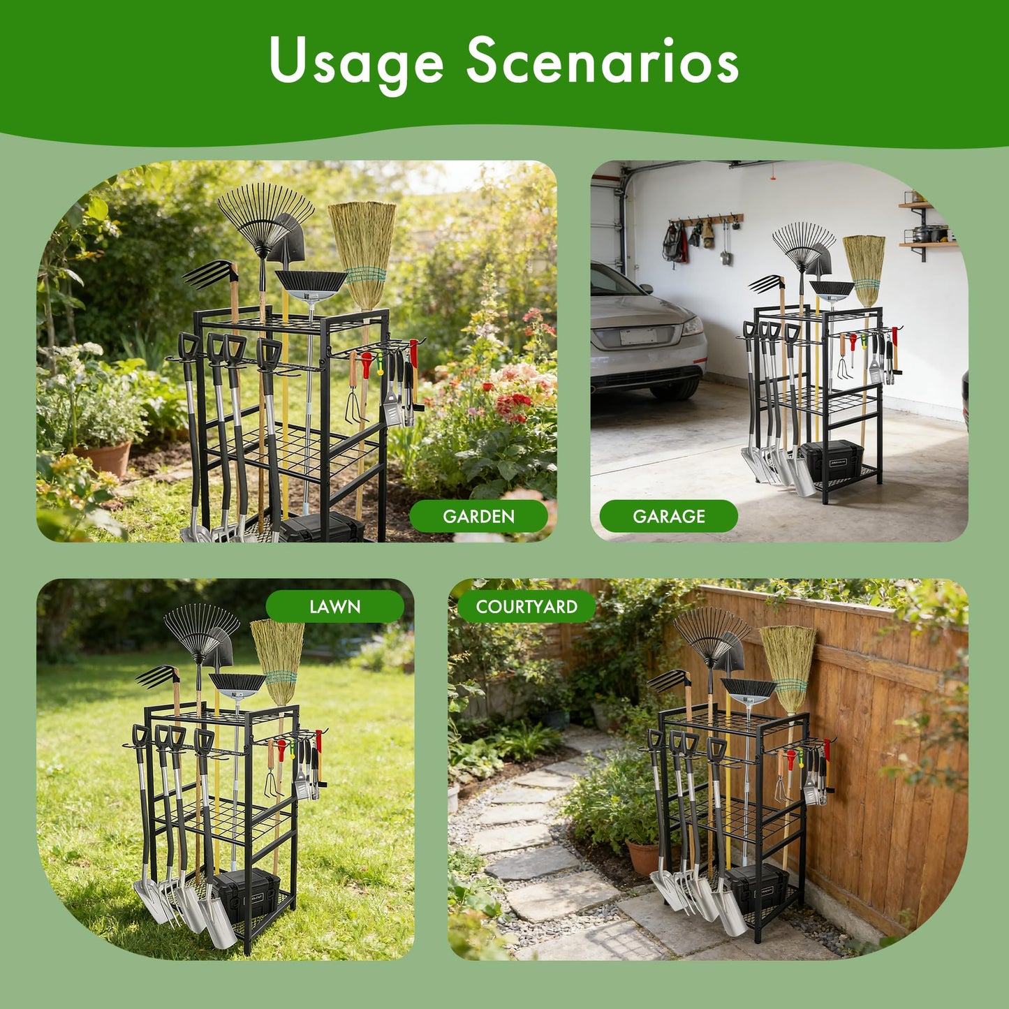 Garden Tool Organizer - 70-Hole Garage Storage Rack with Adjustable Feet & T-Handle Hooks, Broom/Mop Holder for Yard, Shed, Multi-Scene Use, No-Tool Assembly，Rack for Garage Organization Black