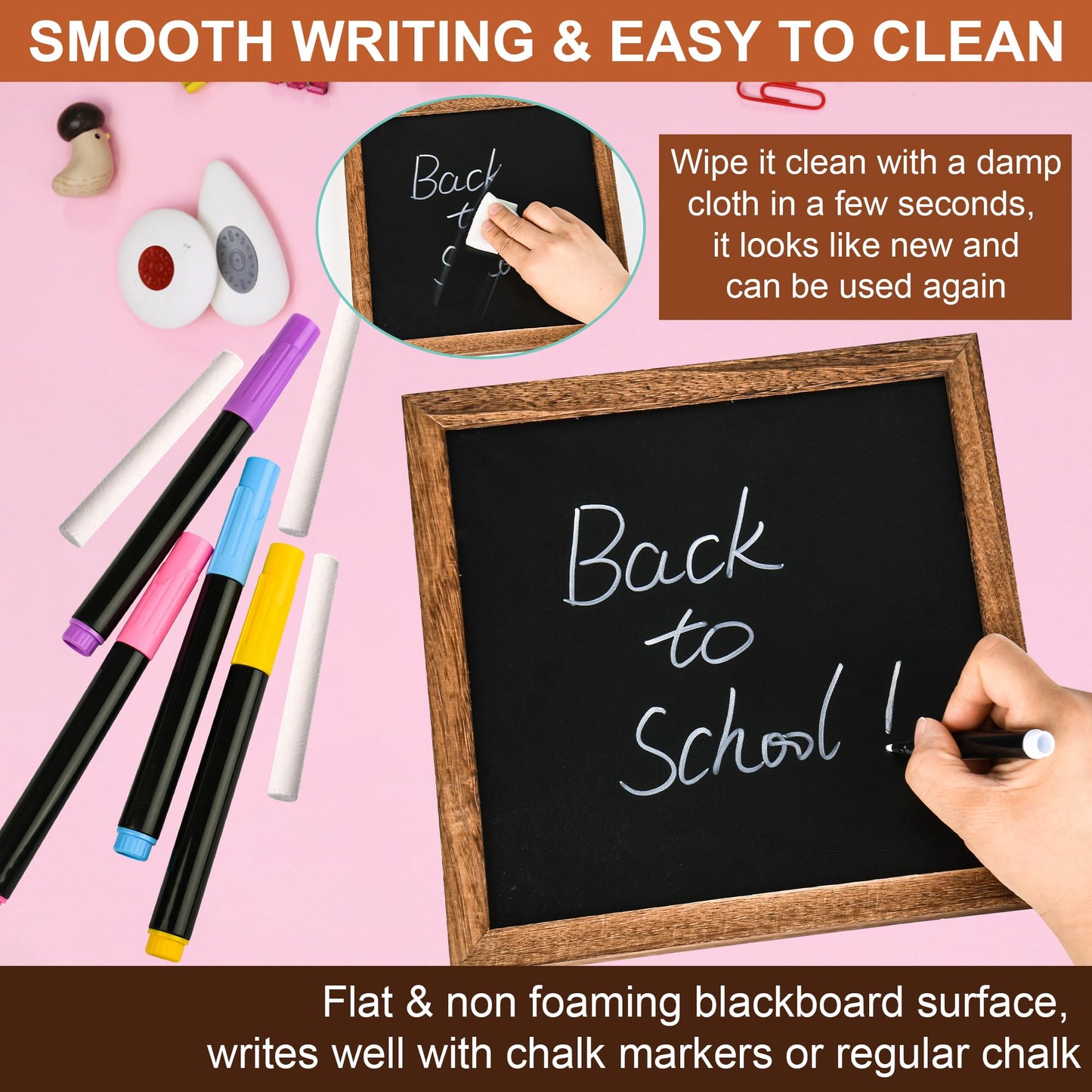 10" x 10" Double Sided Chalkboard Sign with Stand, Small Chalk Board Blackboard Wood Frame Felt Letter Board with 12 Chalk Markers and 340 Letters (Brown)